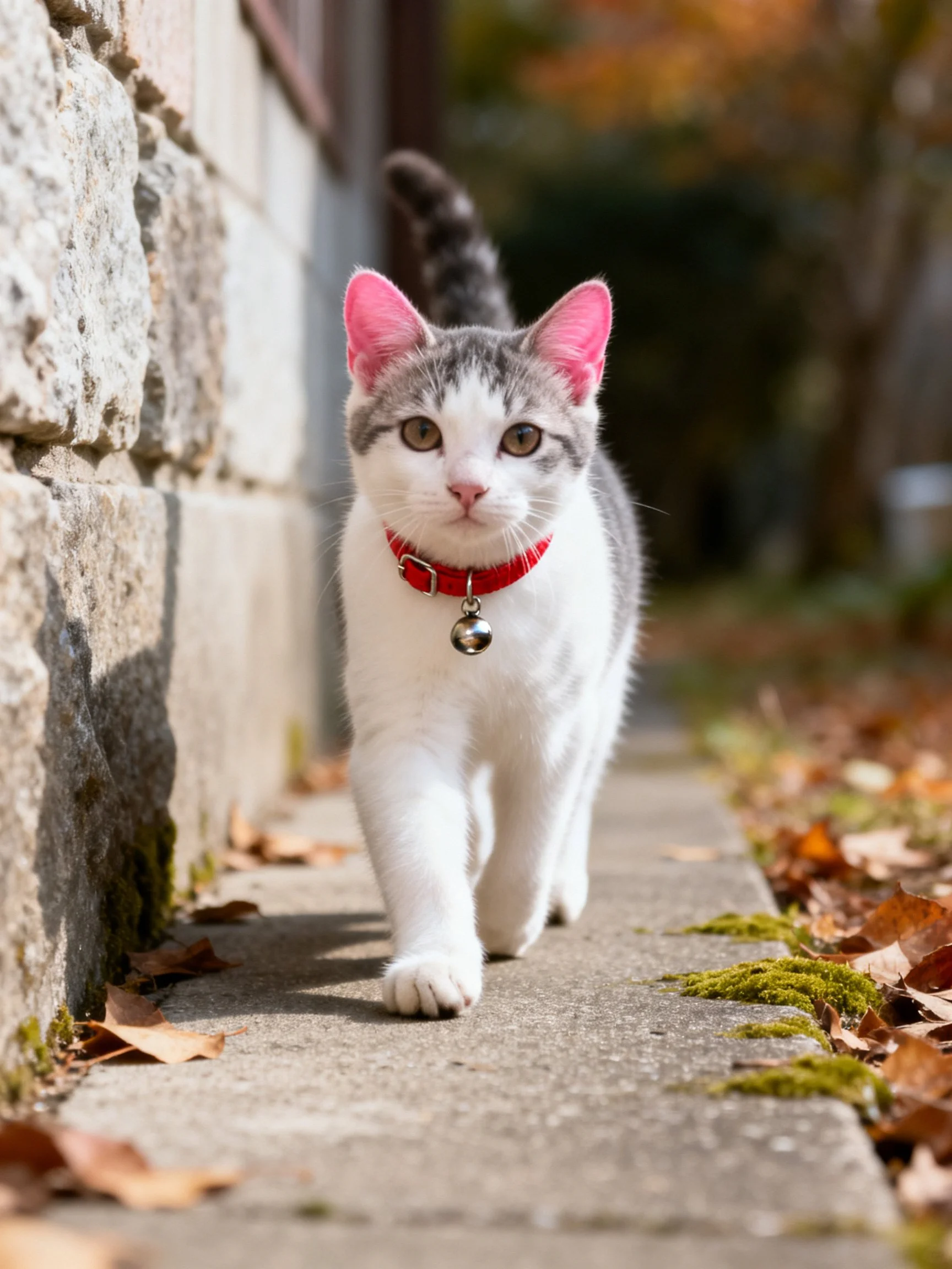 A white and gray cat with a red collar walks along a stone path.
