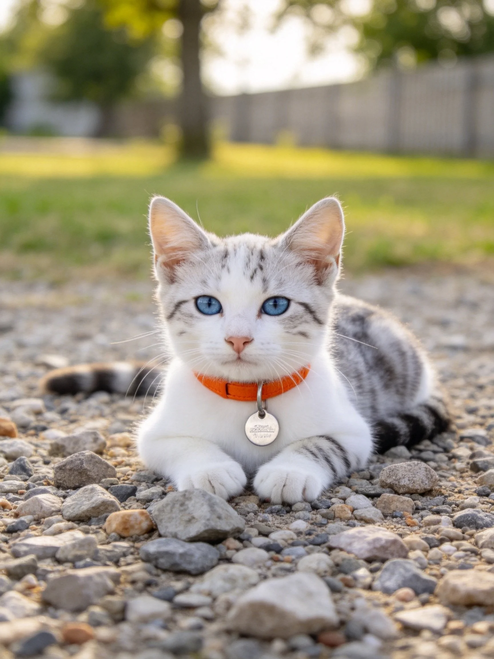 A white and gray kitten with blue eyes lies on gravel wearing an orange collar