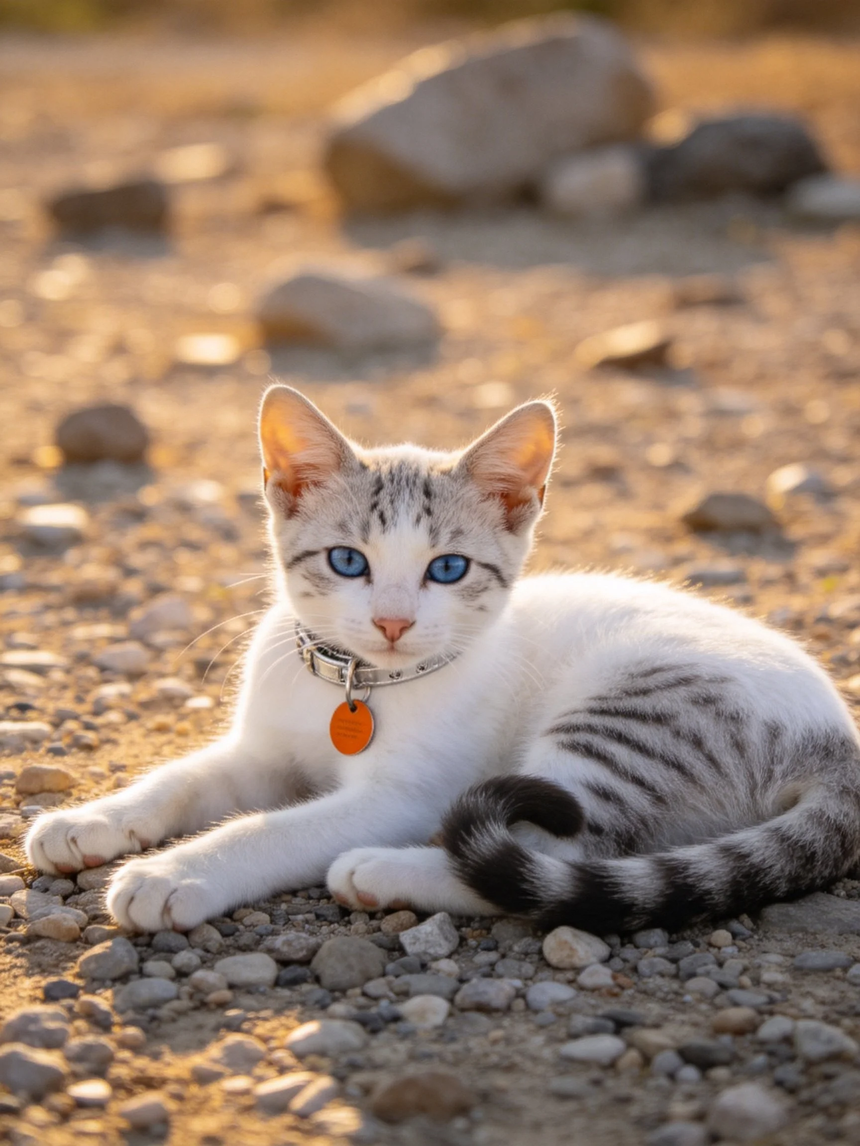 A white and gray striped kitten rests on gravel under golden sunlight