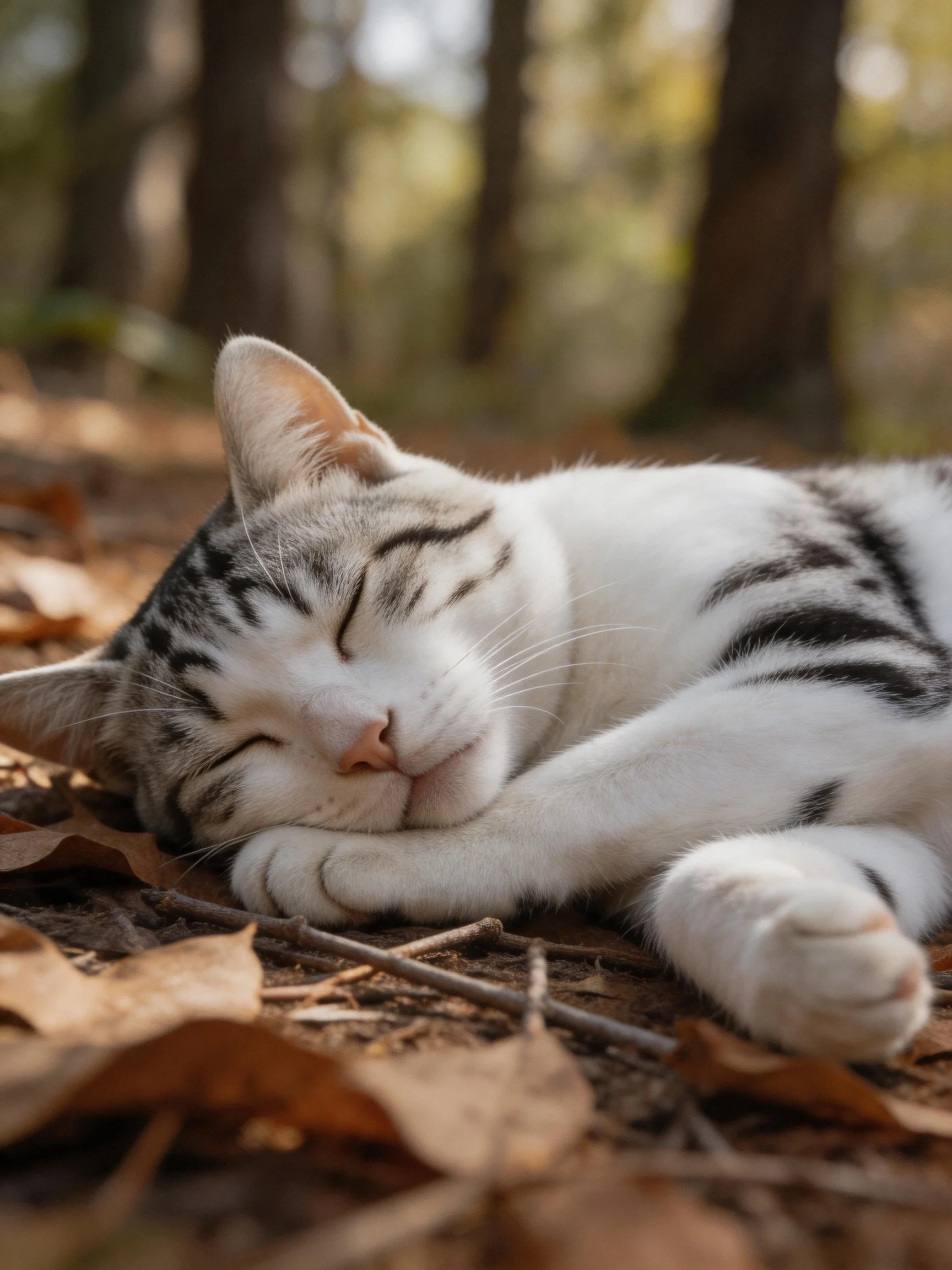 A white and gray tabby cat napping on autumn leaves in a wooded setting