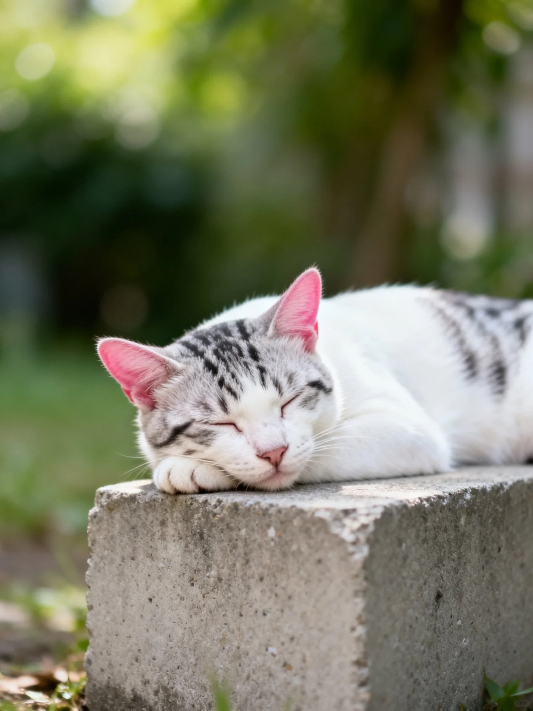 A white and gray cat sleeps on a concrete block in a sunlit outdoor space.