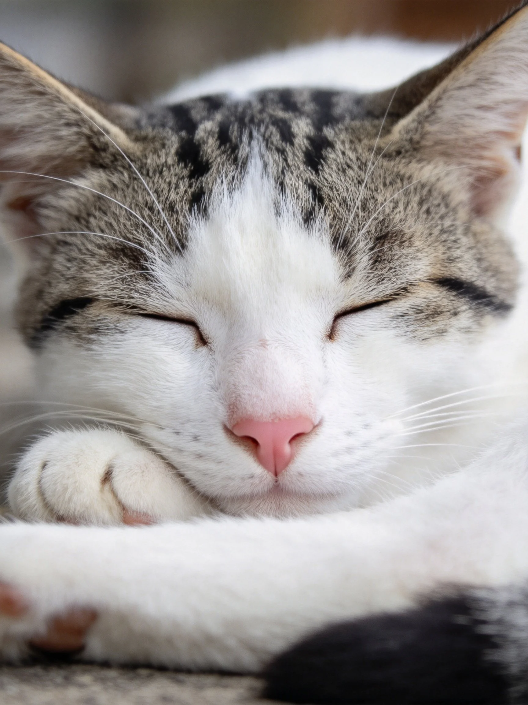 A white and gray tabby cat sleeps soundly with closed eyes.