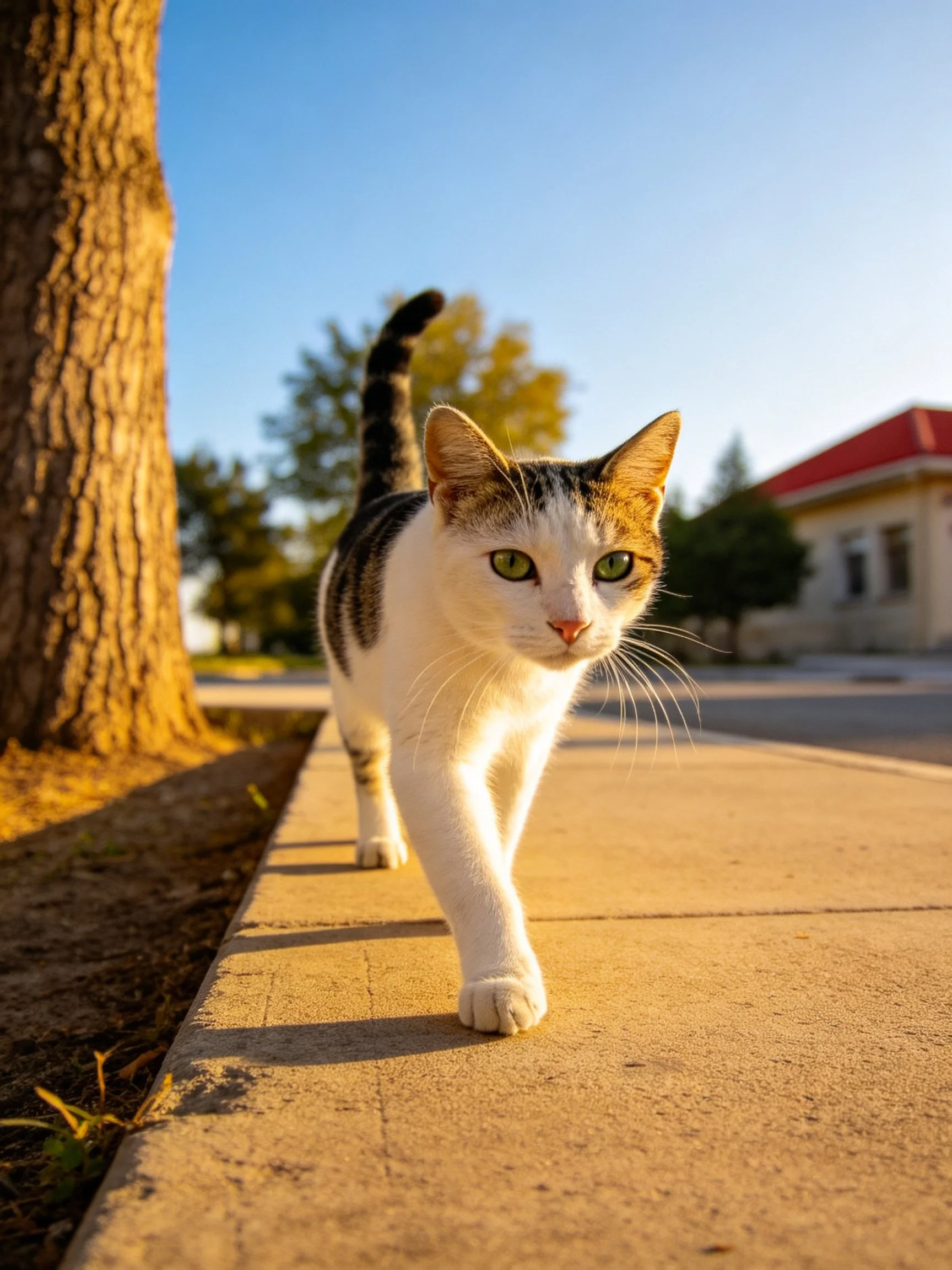 A white and tabby cat walks along a sunlit sidewalk near a tree.