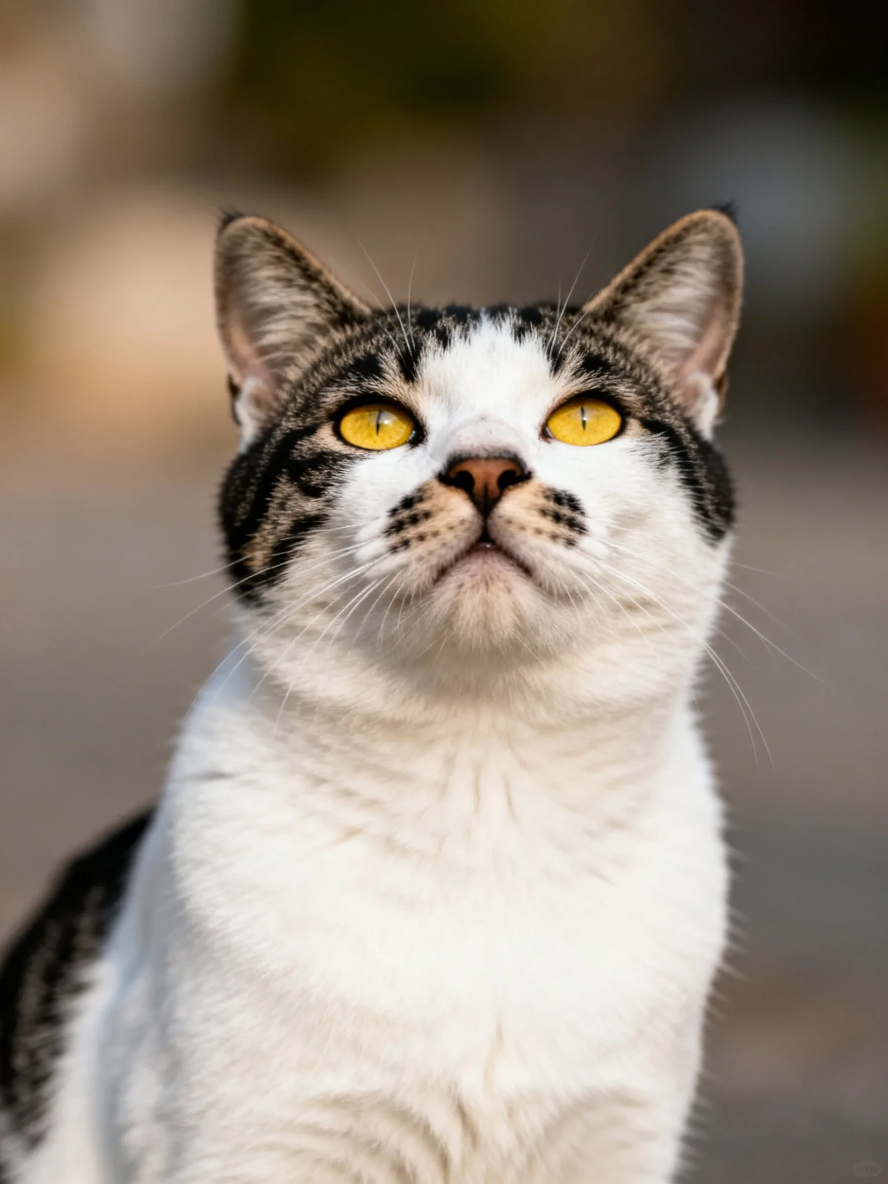A white and gray tabby cat with bright yellow eyes gazing upward
