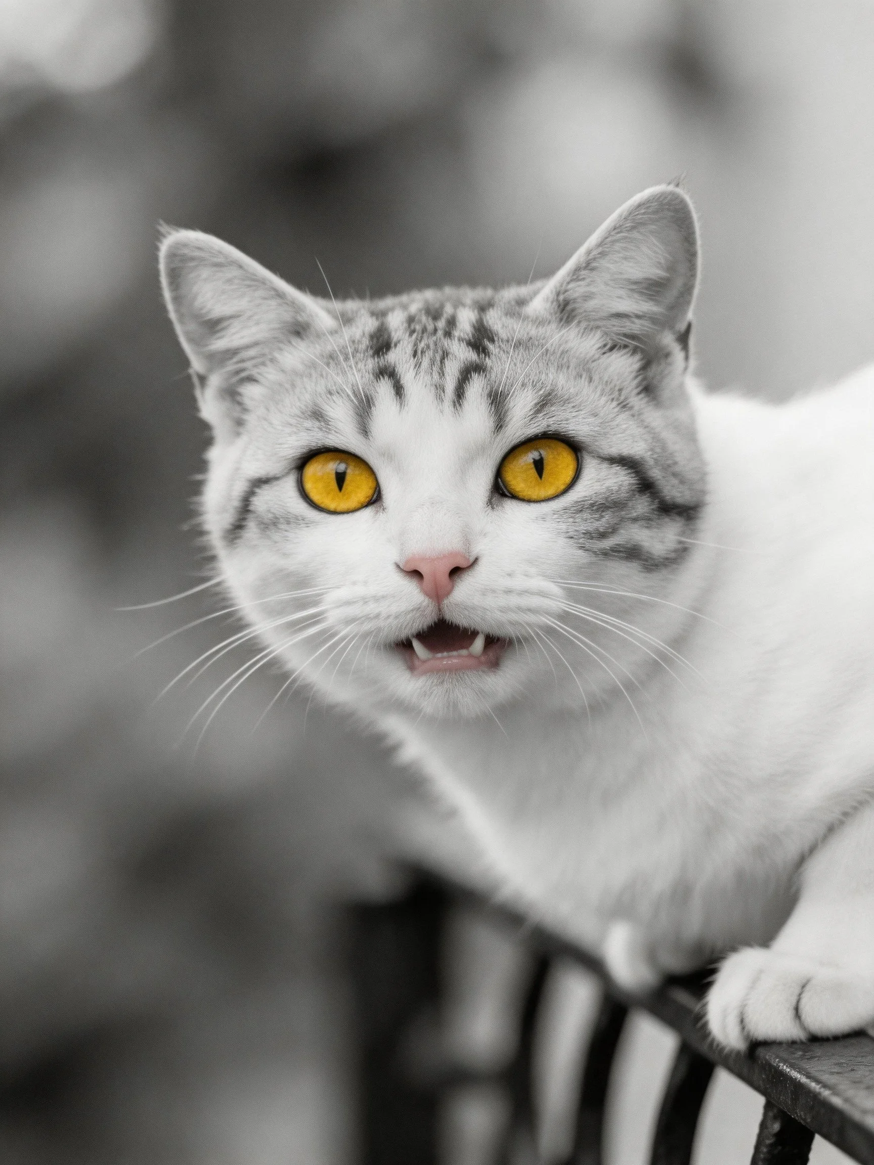 A white and gray tabby cat with vivid yellow eyes rests on a dark structure.