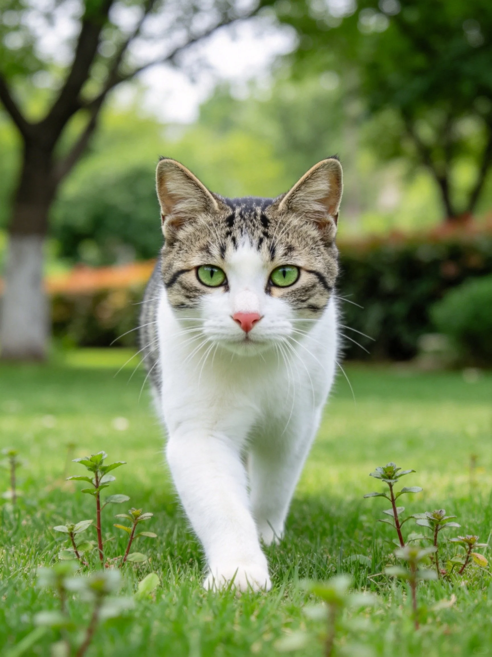 A white and gray tabby cat with green eyes walks through a grassy area in a park setting.