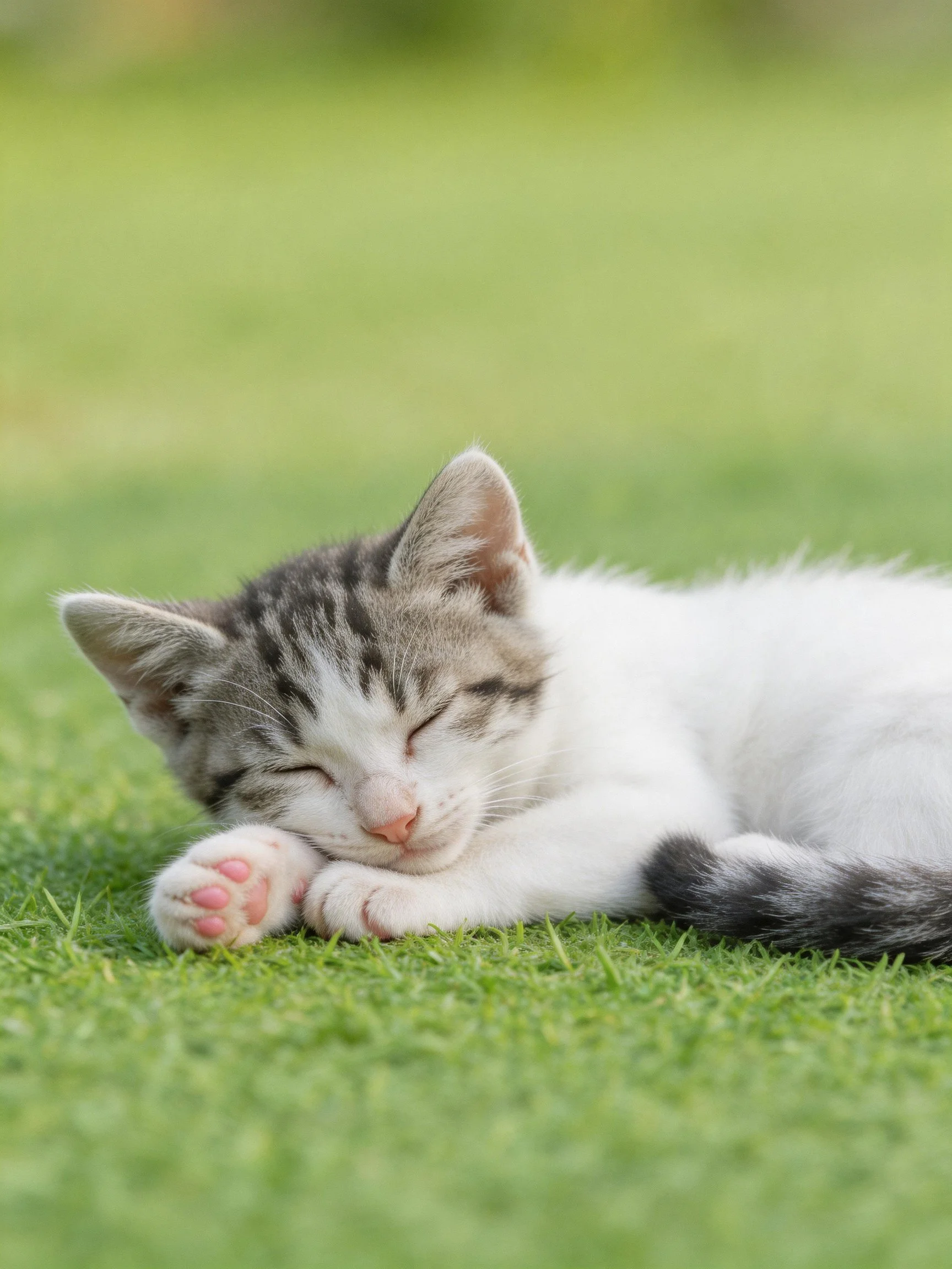 A small white and gray kitten sleeps peacefully on soft green grass.