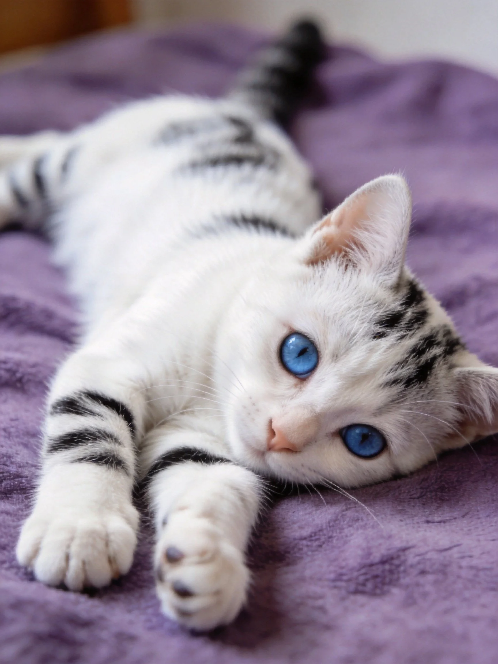 A white and gray tabby kitten with bright blue eyes rests on a soft purple fabric.