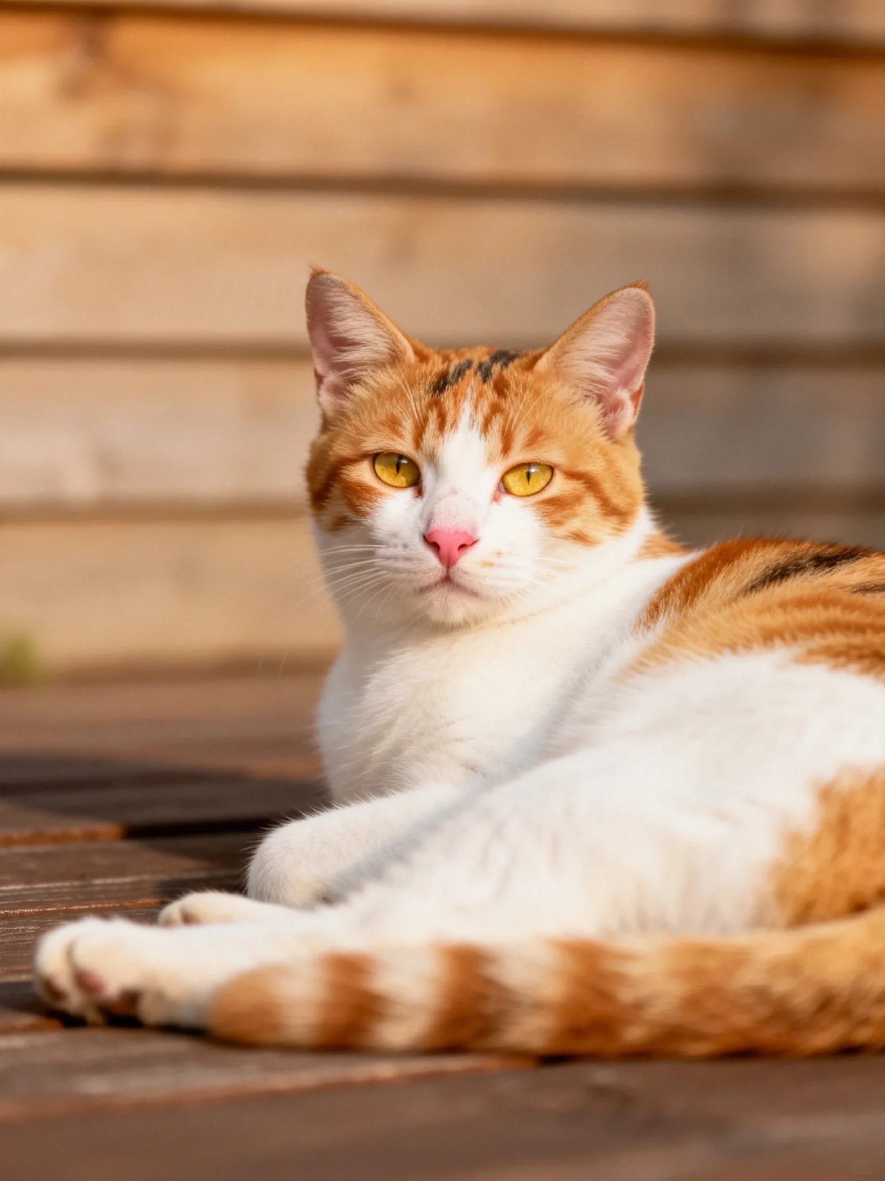 An orange and white calico cat relaxes on a wooden deck beside a wooden structure