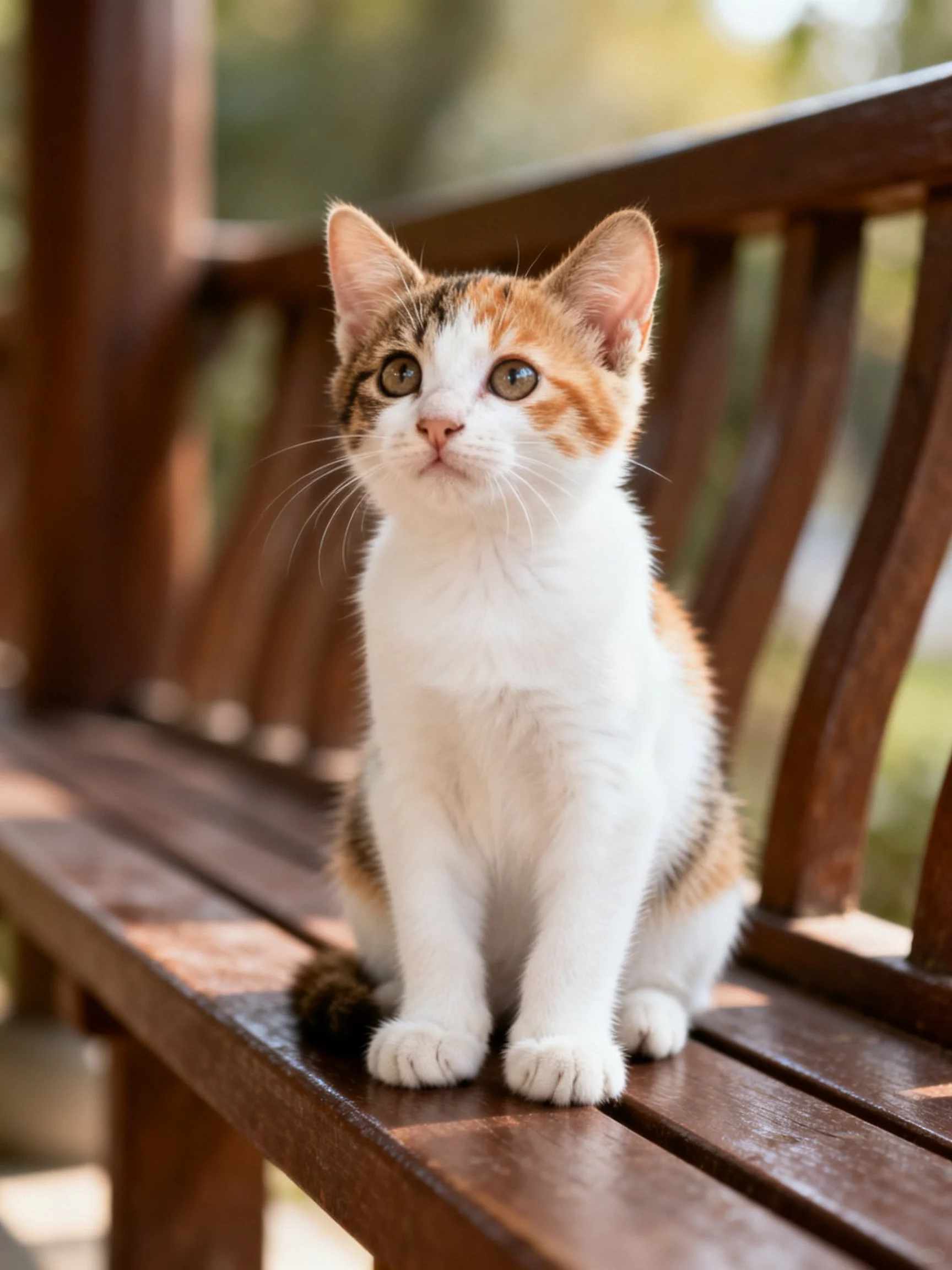 A calico kitten sits calmly on a wooden bench outdoors