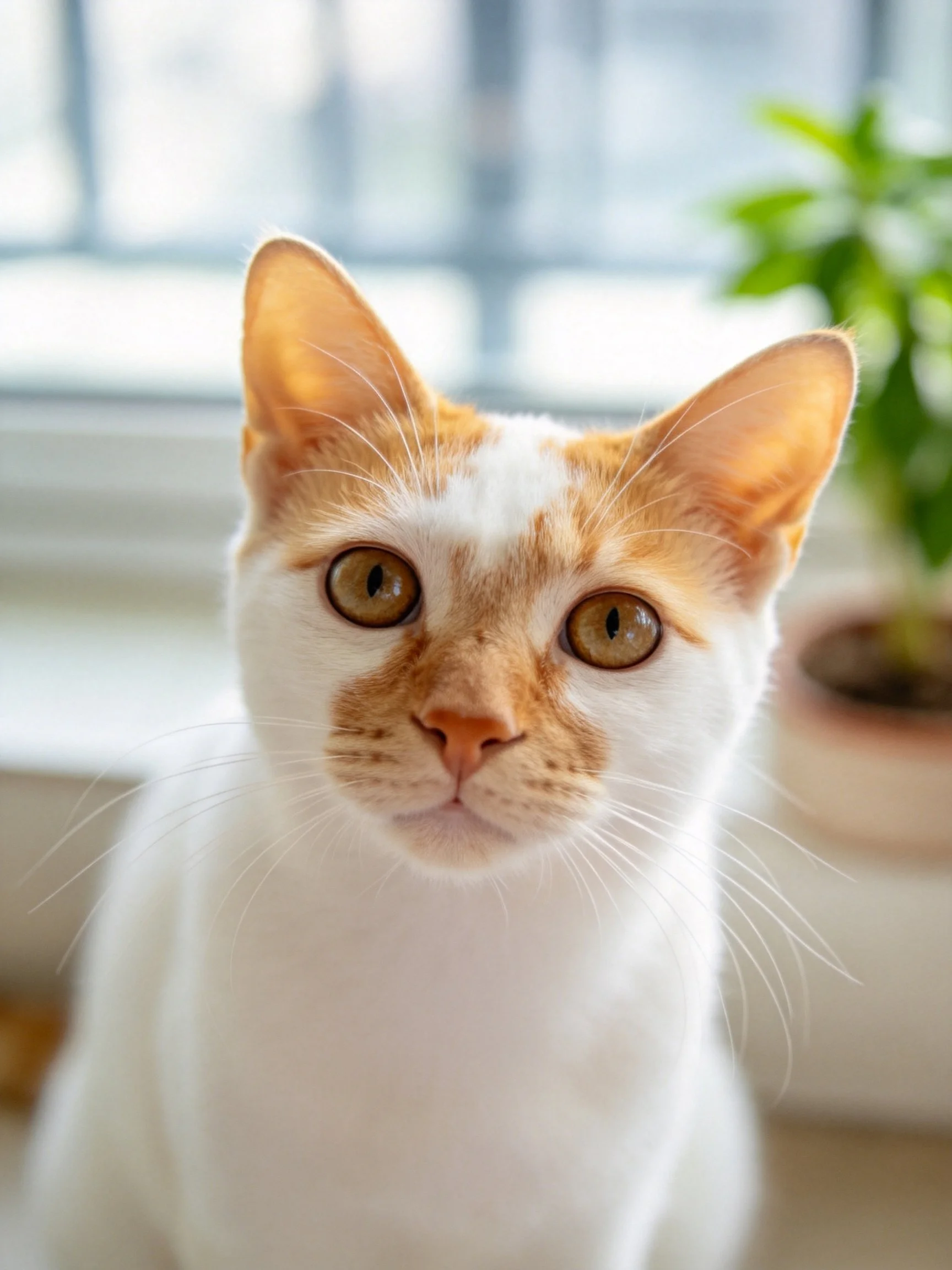 A white and orange cat looks directly at the camera near