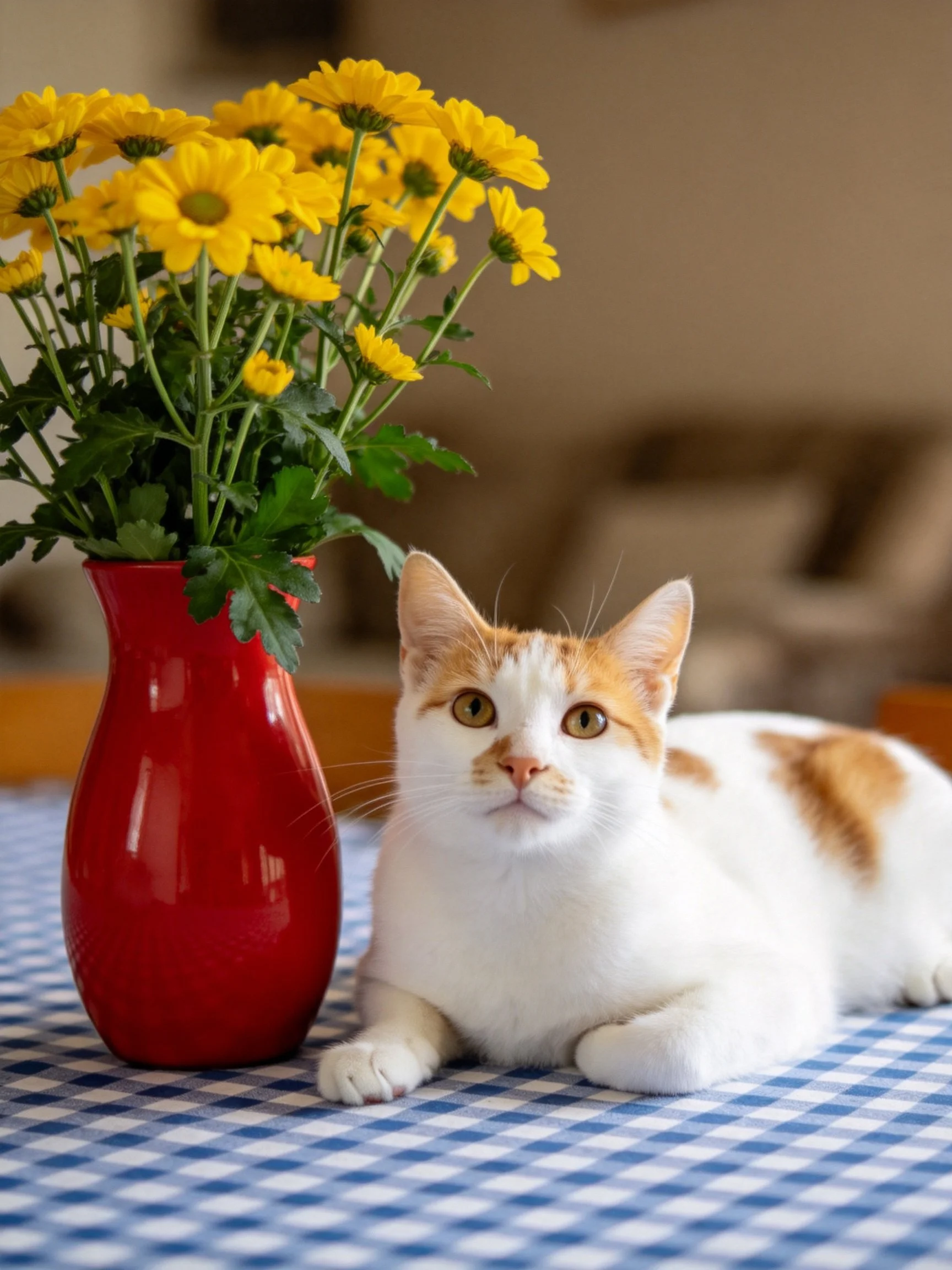 A white and orange cat lies beside a red vase of yellow flowers on a blue checkered table