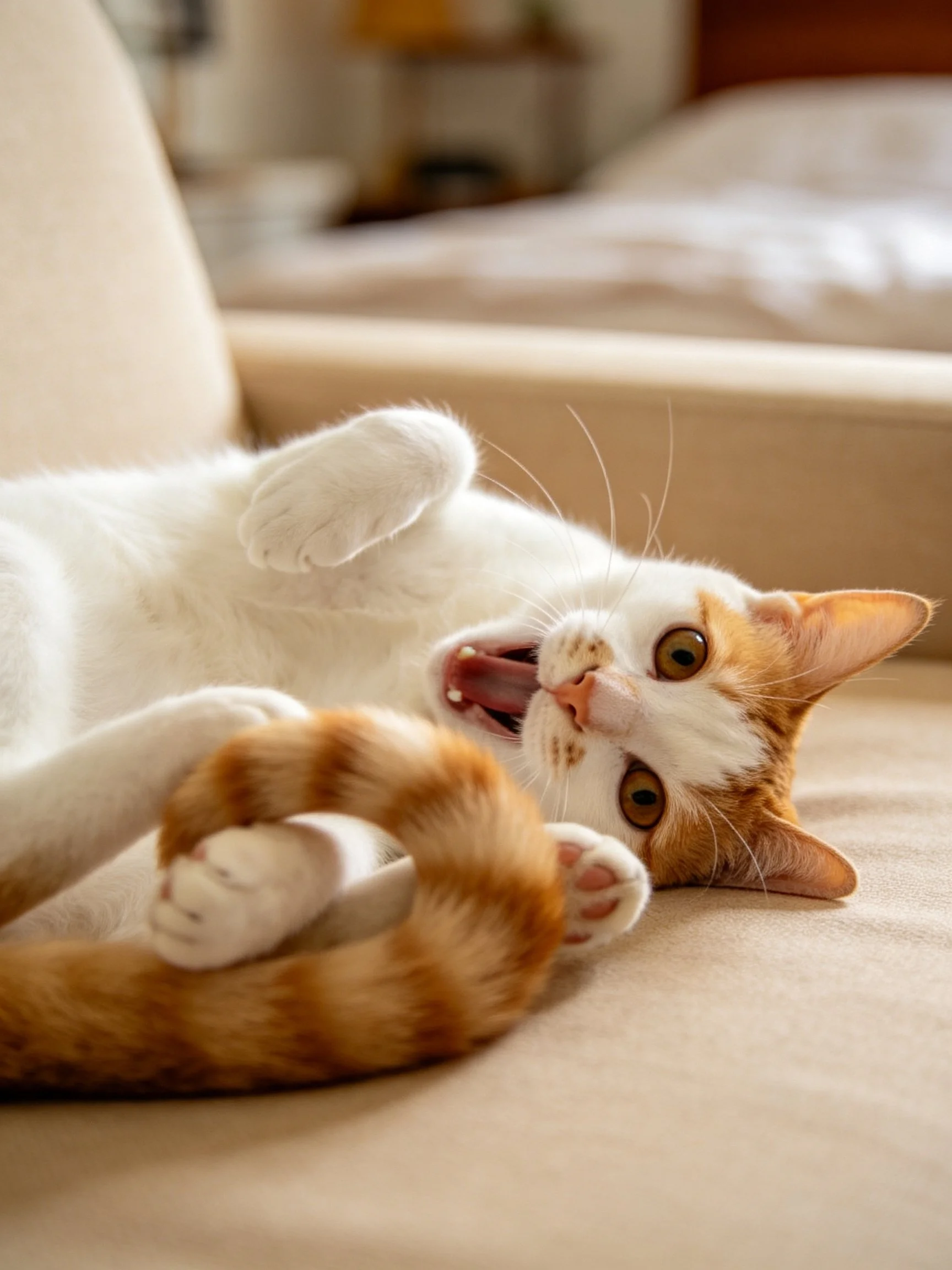 A white and orange cat lies playfully on a beige sofa.
