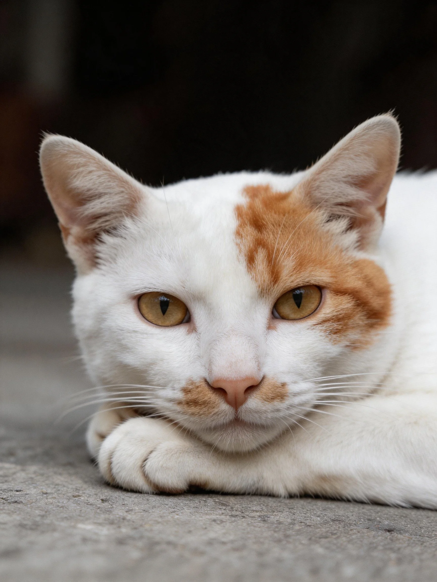 A white and orange cat lies relaxed on a smooth concrete surface