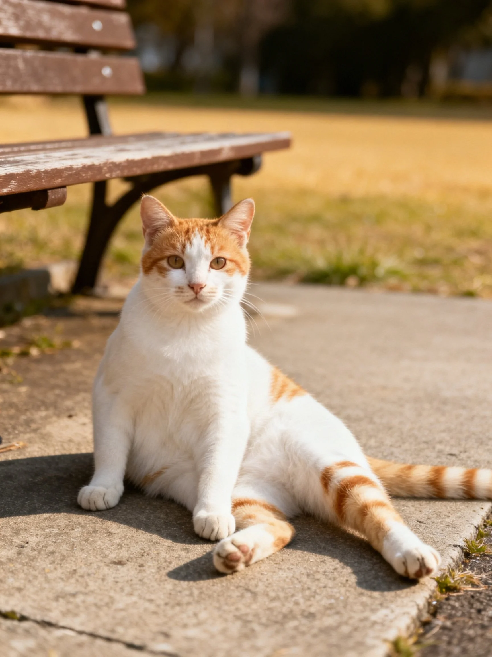 A white and orange cat relaxes calmly on a concrete path beside a wooden bench in bright daylight.