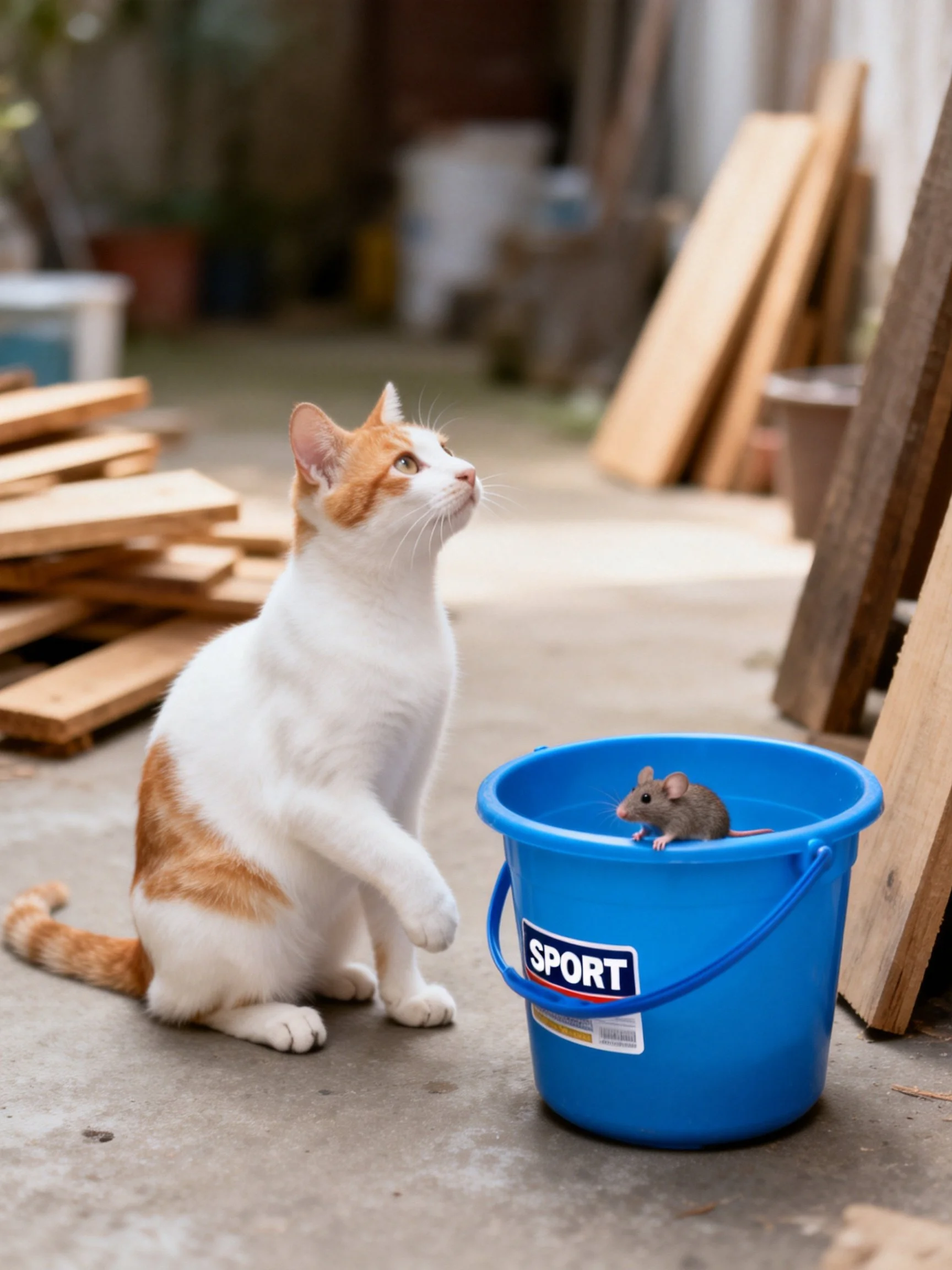 A white and orange cat observes a gray mouse in a blue bucket near wooden planks