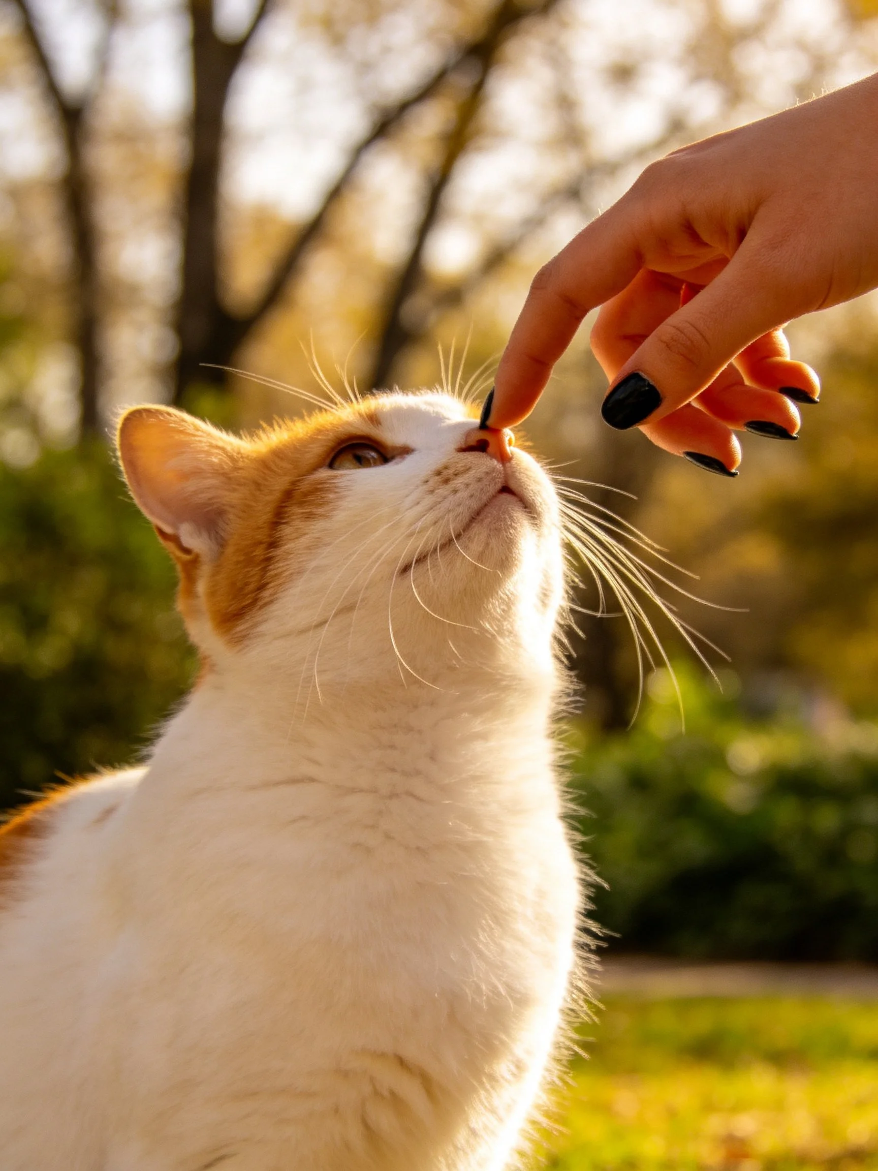 A white and orange cat receives attention from a hand with black nails in a sunlit outdoor setting