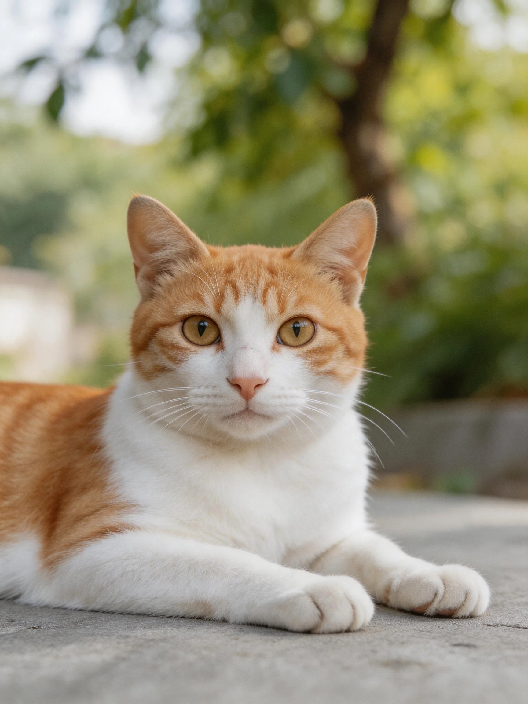 A white and orange cat rests peacefully on a concrete area surrounded by greenery.
