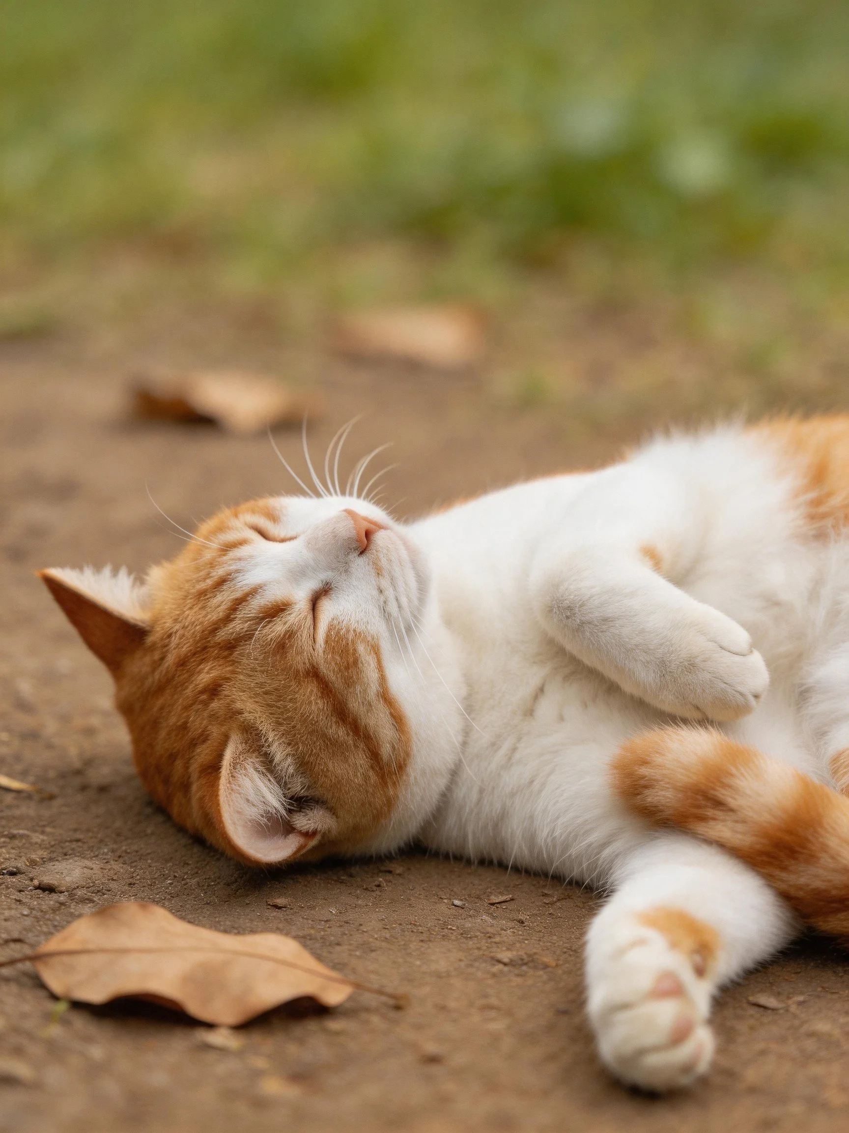 A white and orange cat sleeps on dirt ground near scattered leaves.