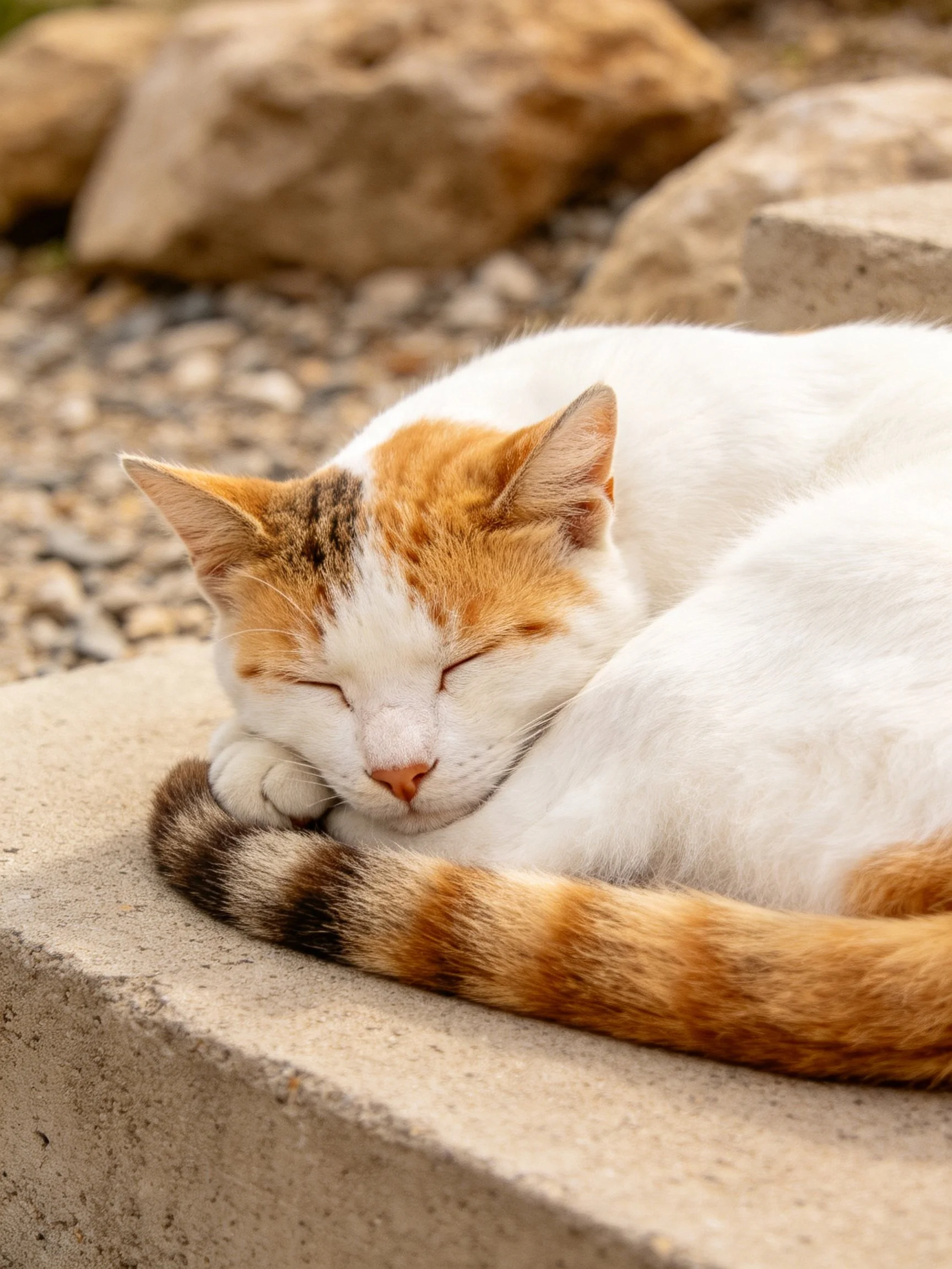 A white and orange cat rests on a concrete ledge near rocks