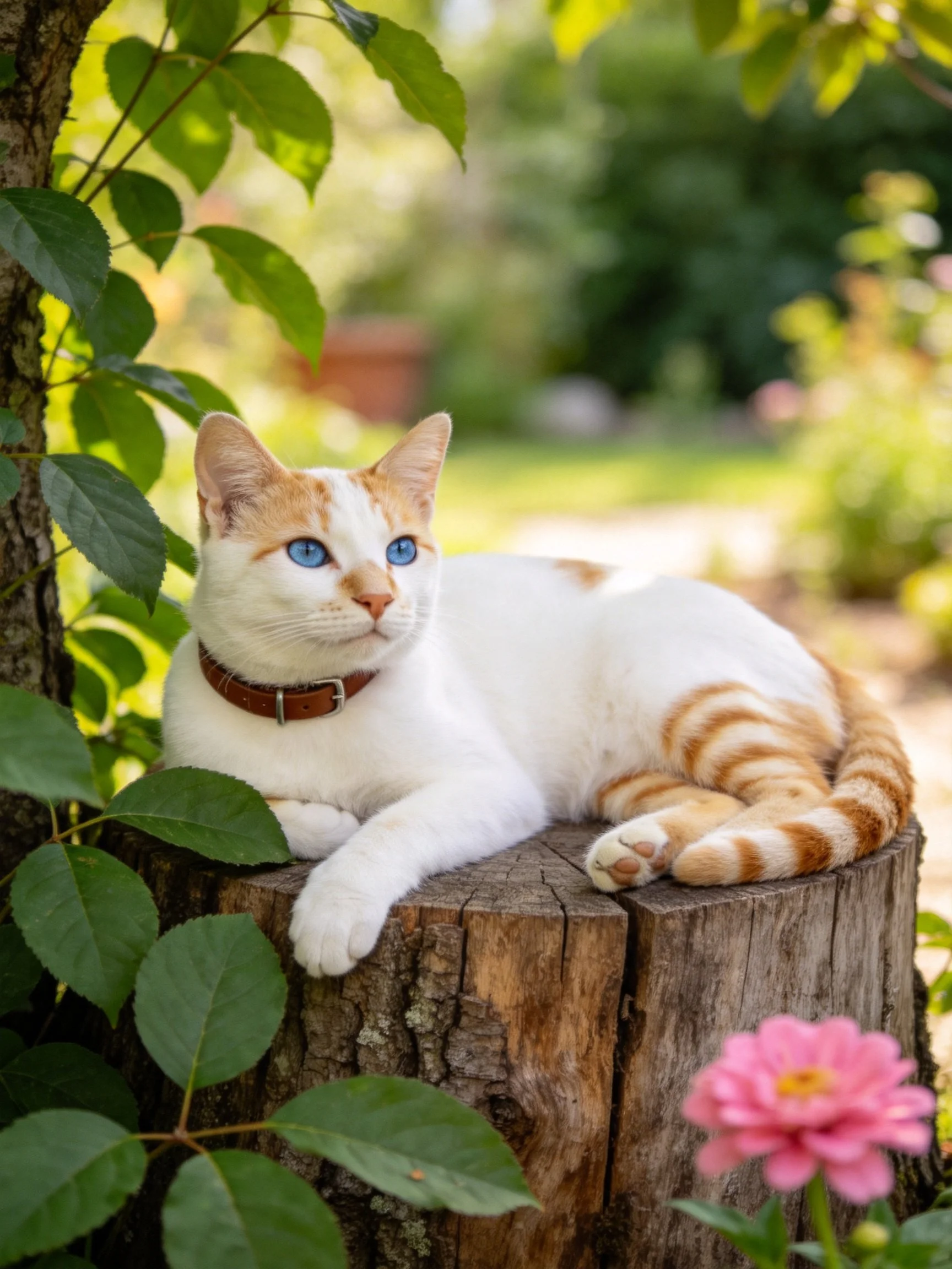 A white and orange cat rests on a weathered tree stump near vibrant greenery.
