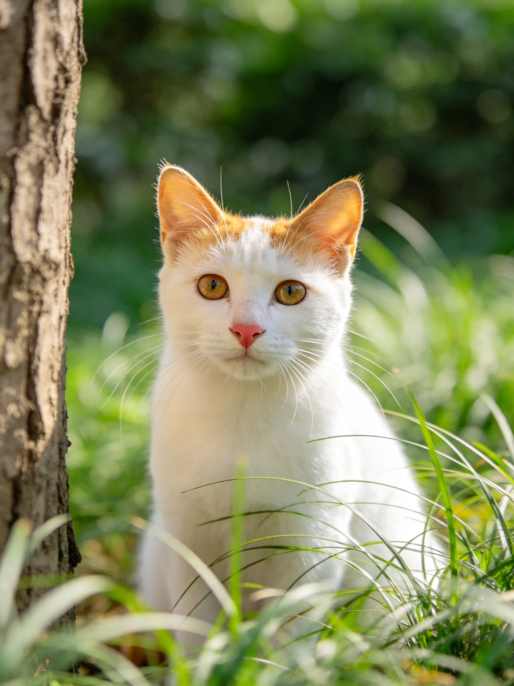 A white and orange cat sits calmly among tall grass near a tree trunk.