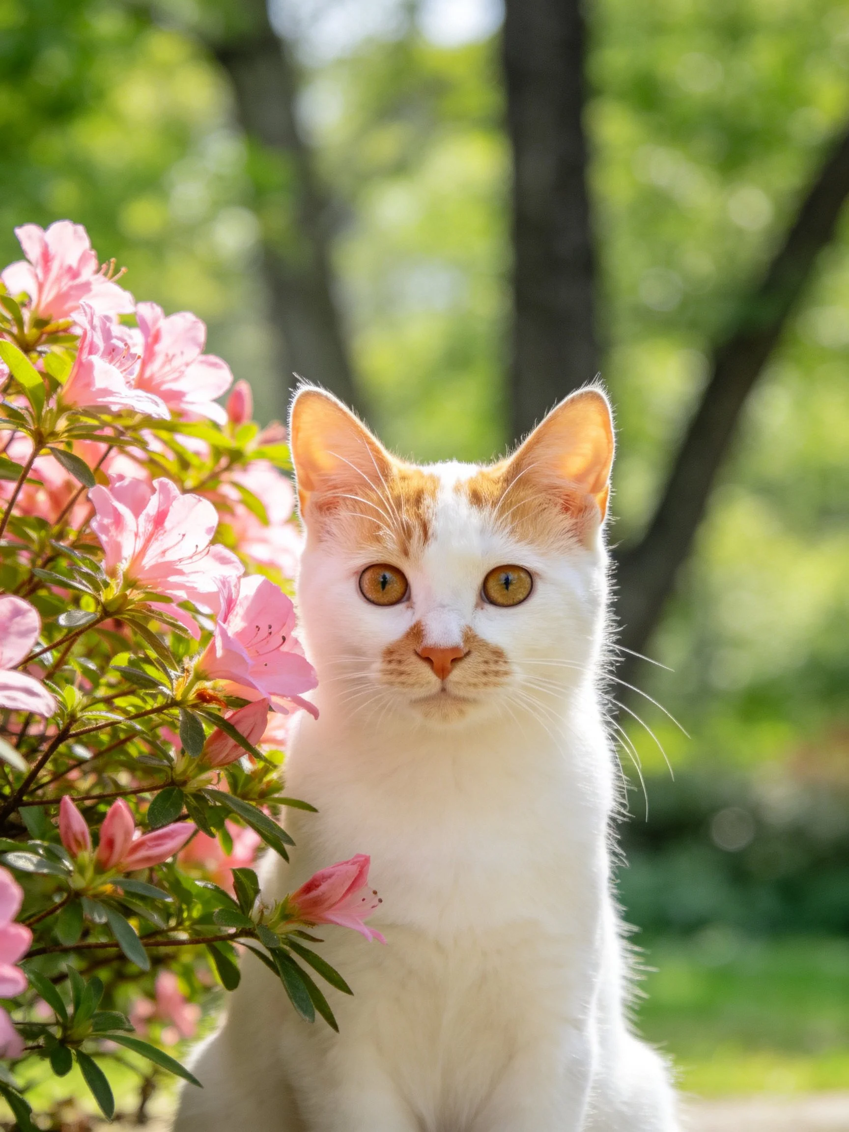 A white and orange cat sits beside vibrant pink flowers in a sunlit garden