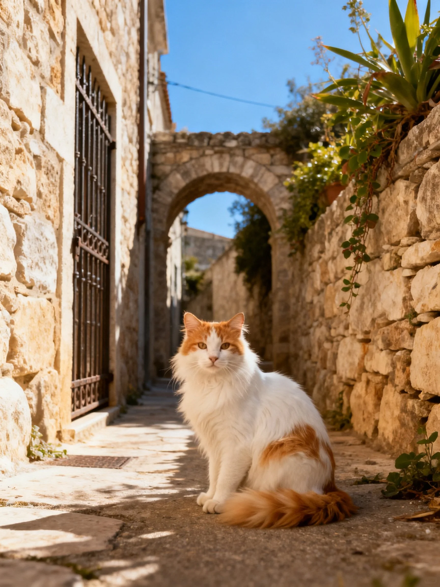 A white and orange cat sits in a sunlit stone alley with ancient arches