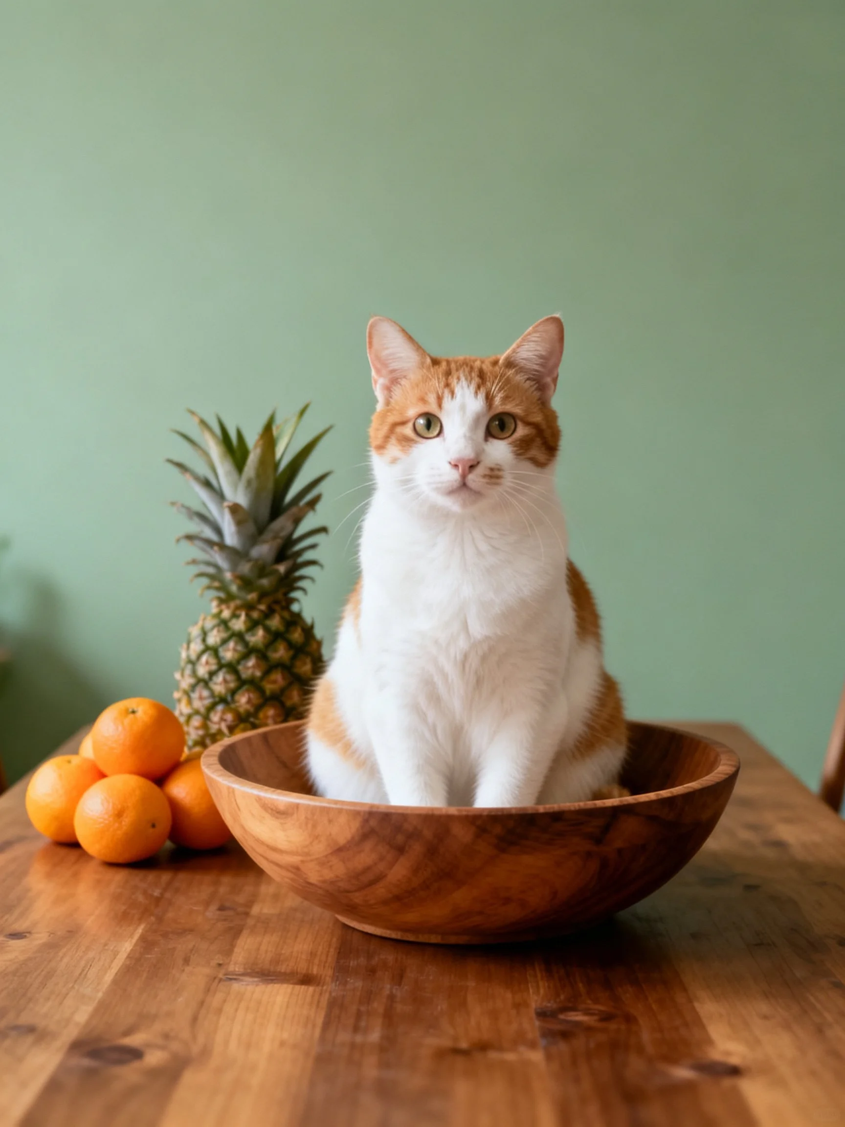 A white and orange cat sits in a wooden bowl beside pineapples and oranges.