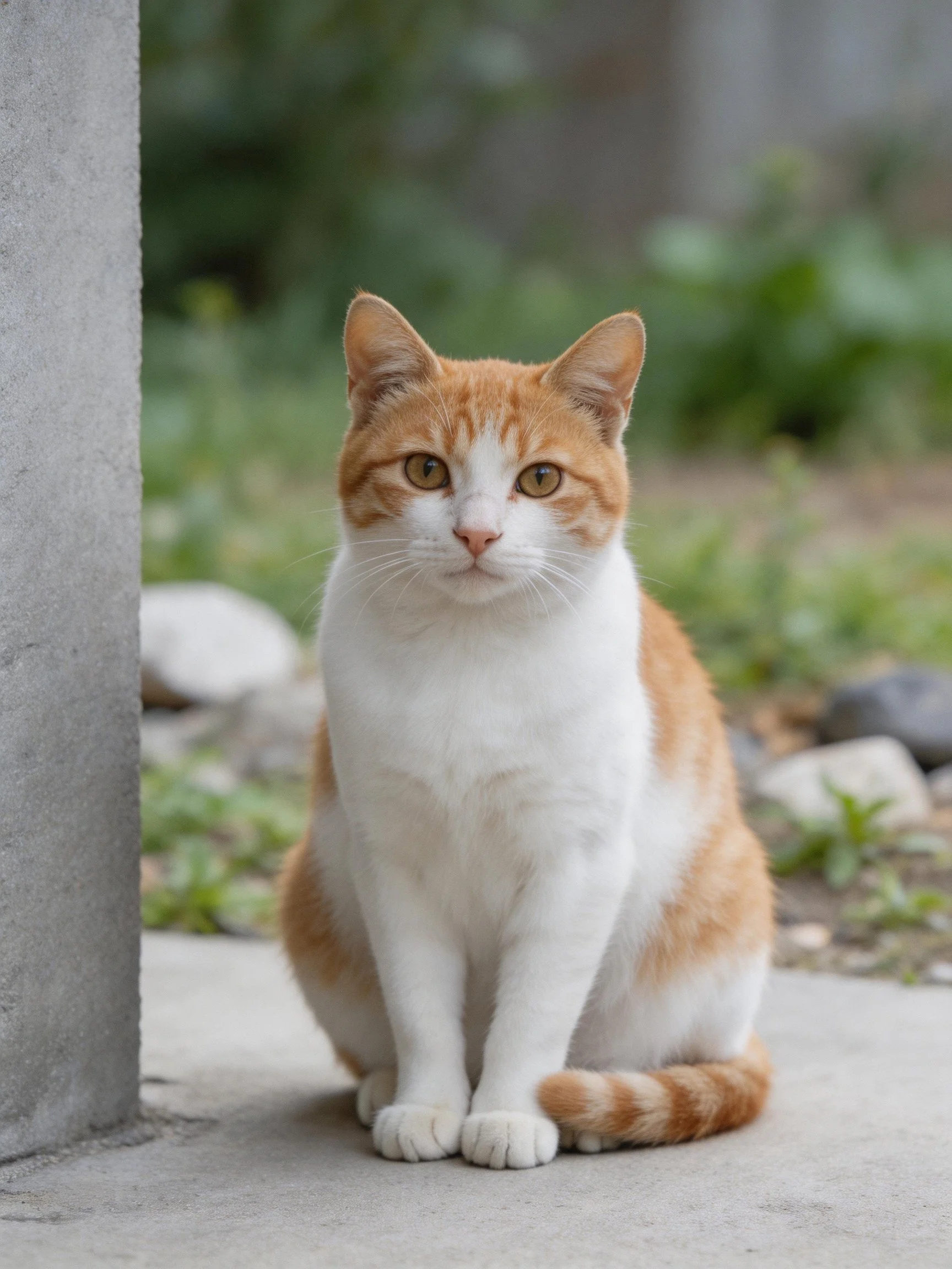 A white and orange cat sits near a concrete structure in an outdoor area.