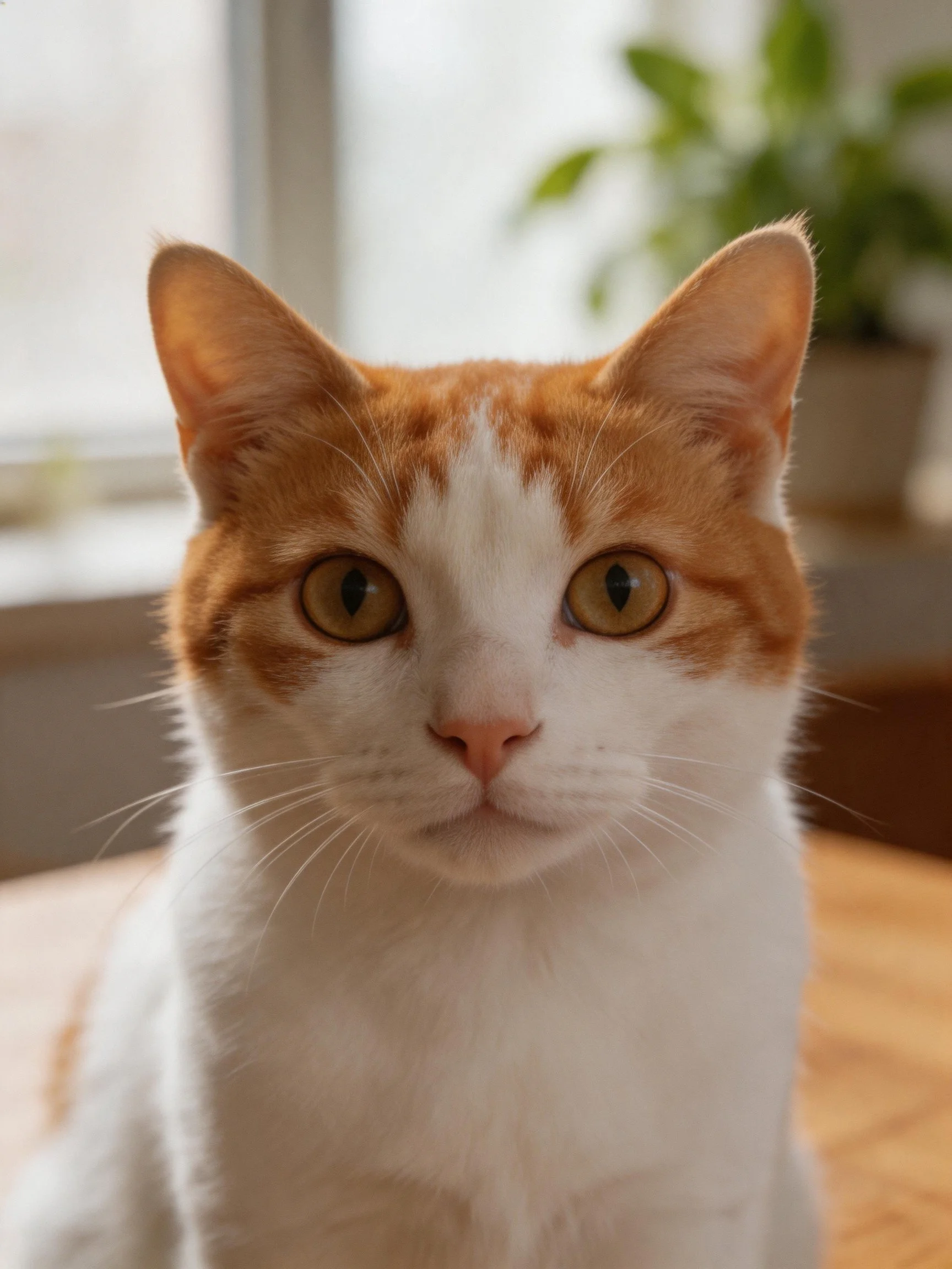 A white and orange cat looks directly at the camera in a sunlit indoor space.