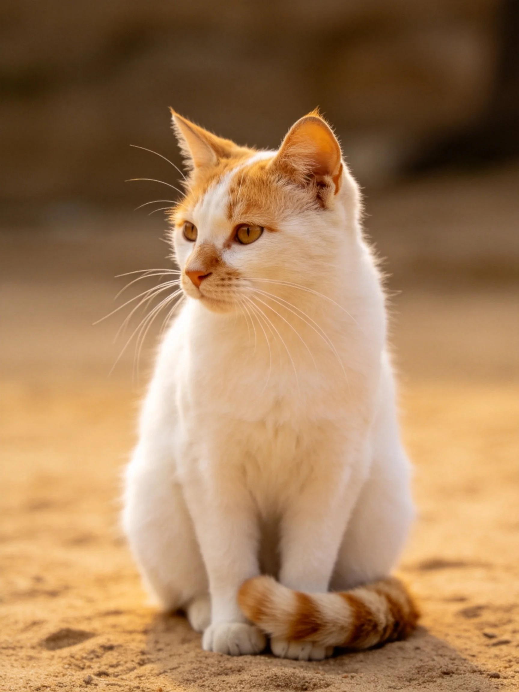 A white and orange cat sits on sandy ground