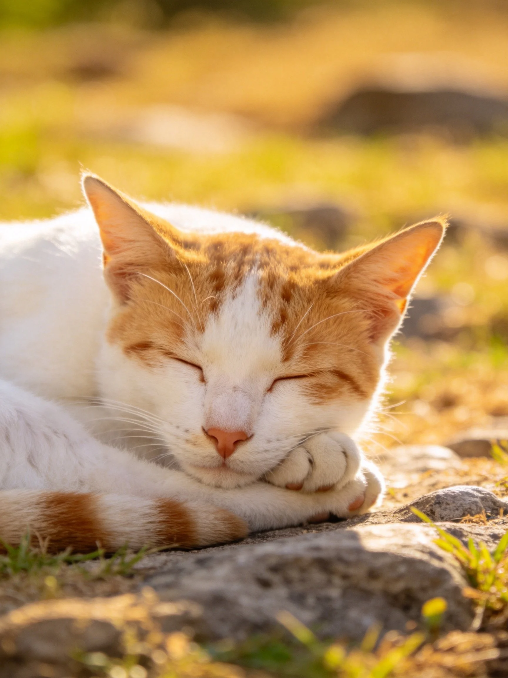 A white and orange cat sleeping on a rocky outdoor surface