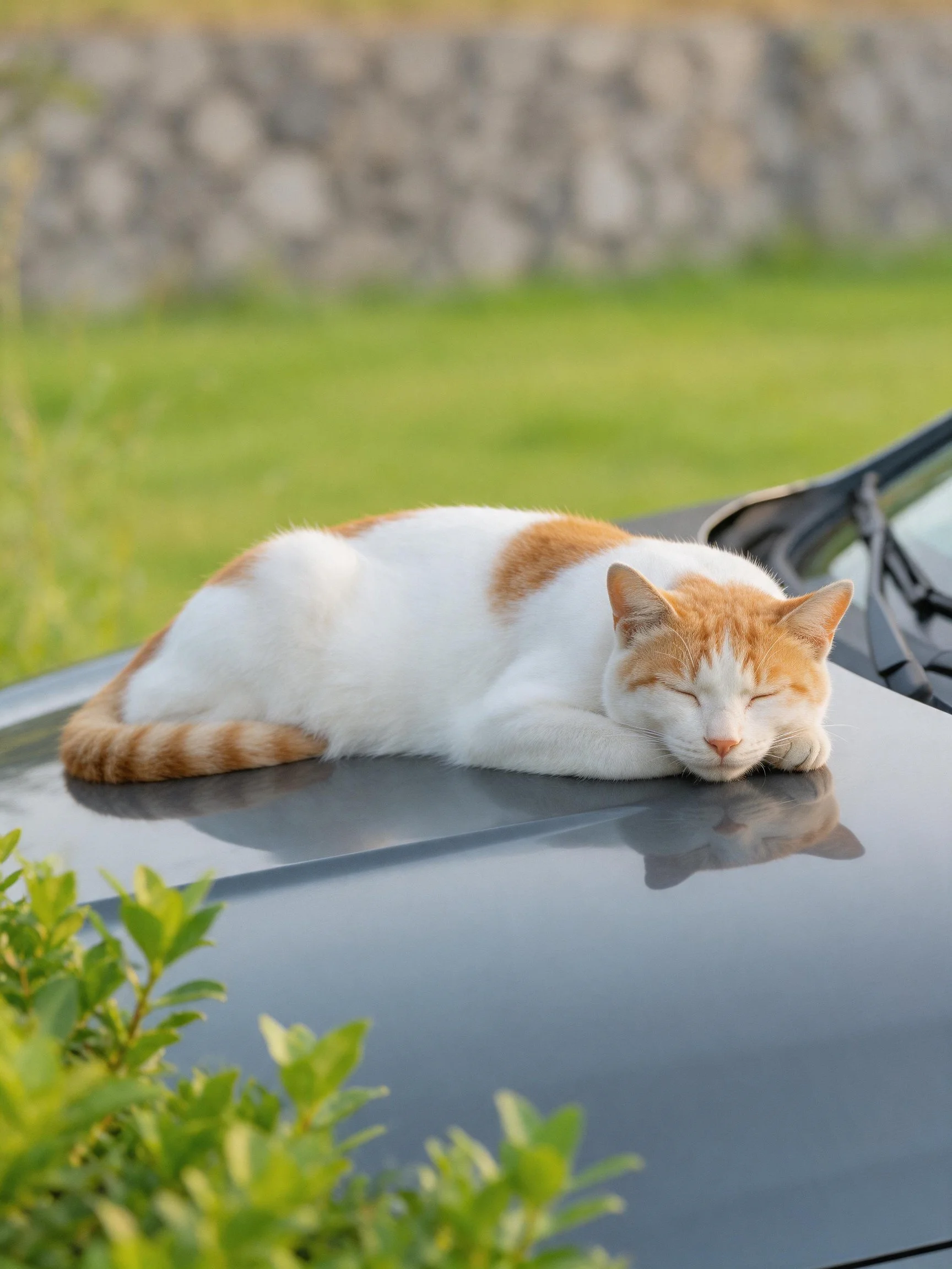 A white and orange cat relaxes on a cars rooftop in a sunny outdoor area.