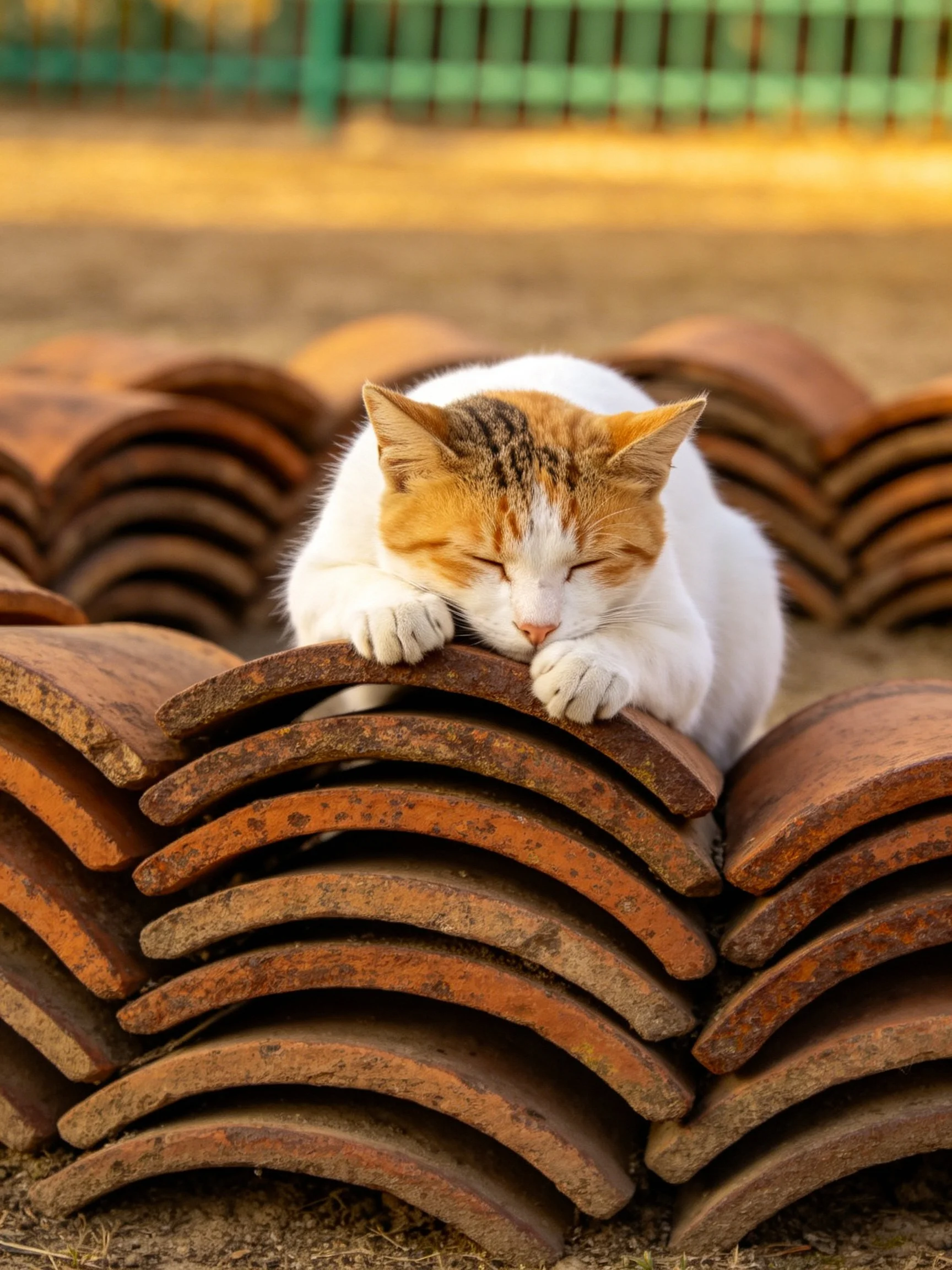 A white and orange cat naps atop stacked terracotta tiles in an outdoor environment.