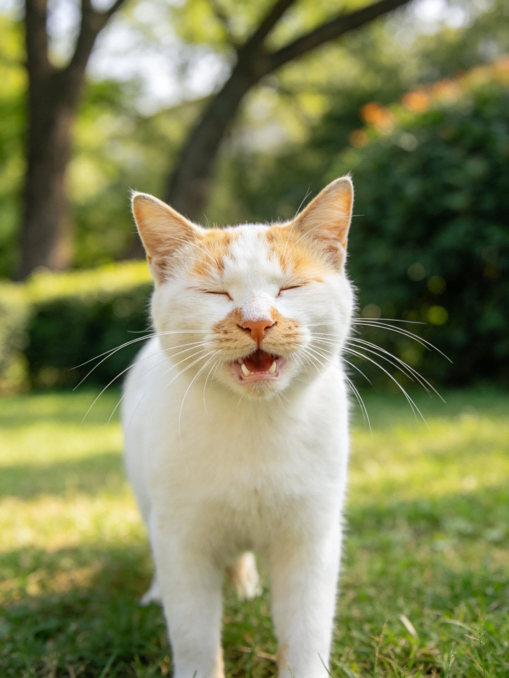 A white and orange cat relaxes on grass in a sunlit outdoor area.