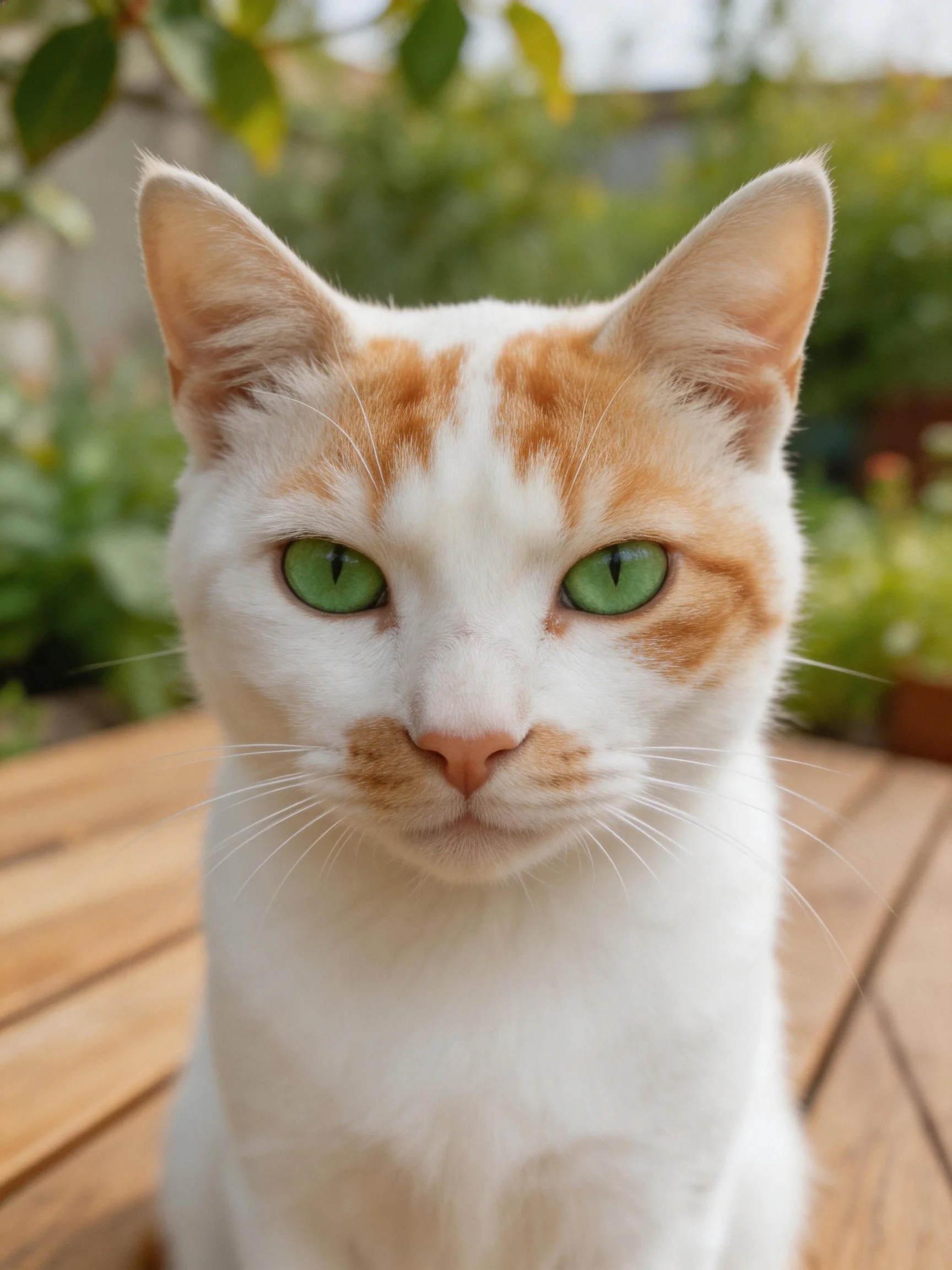 A white and orange cat with bright green eyes on a wooden deck