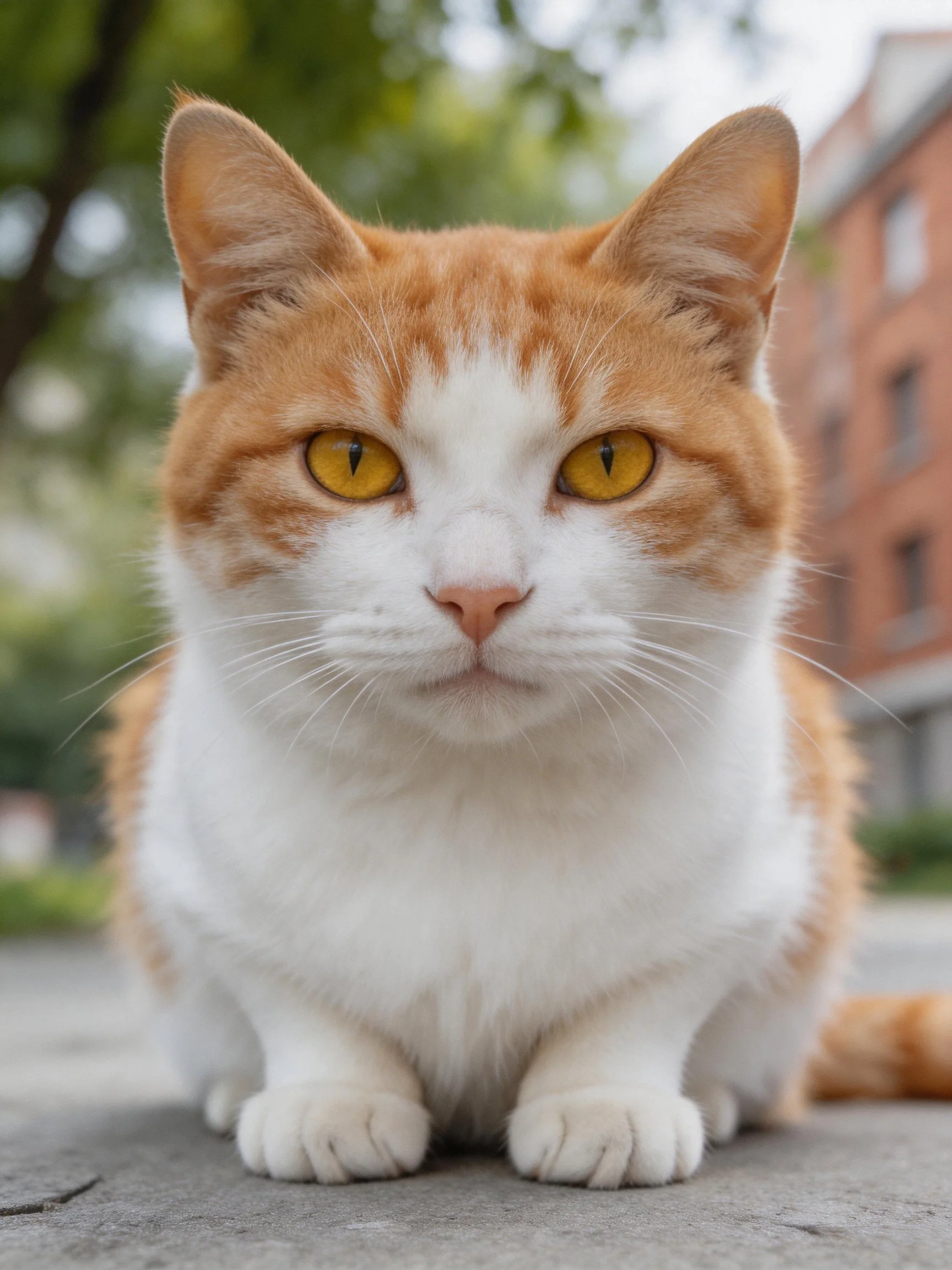 A white and orange cat with bright yellow eyes rests on a paved surface near buildings