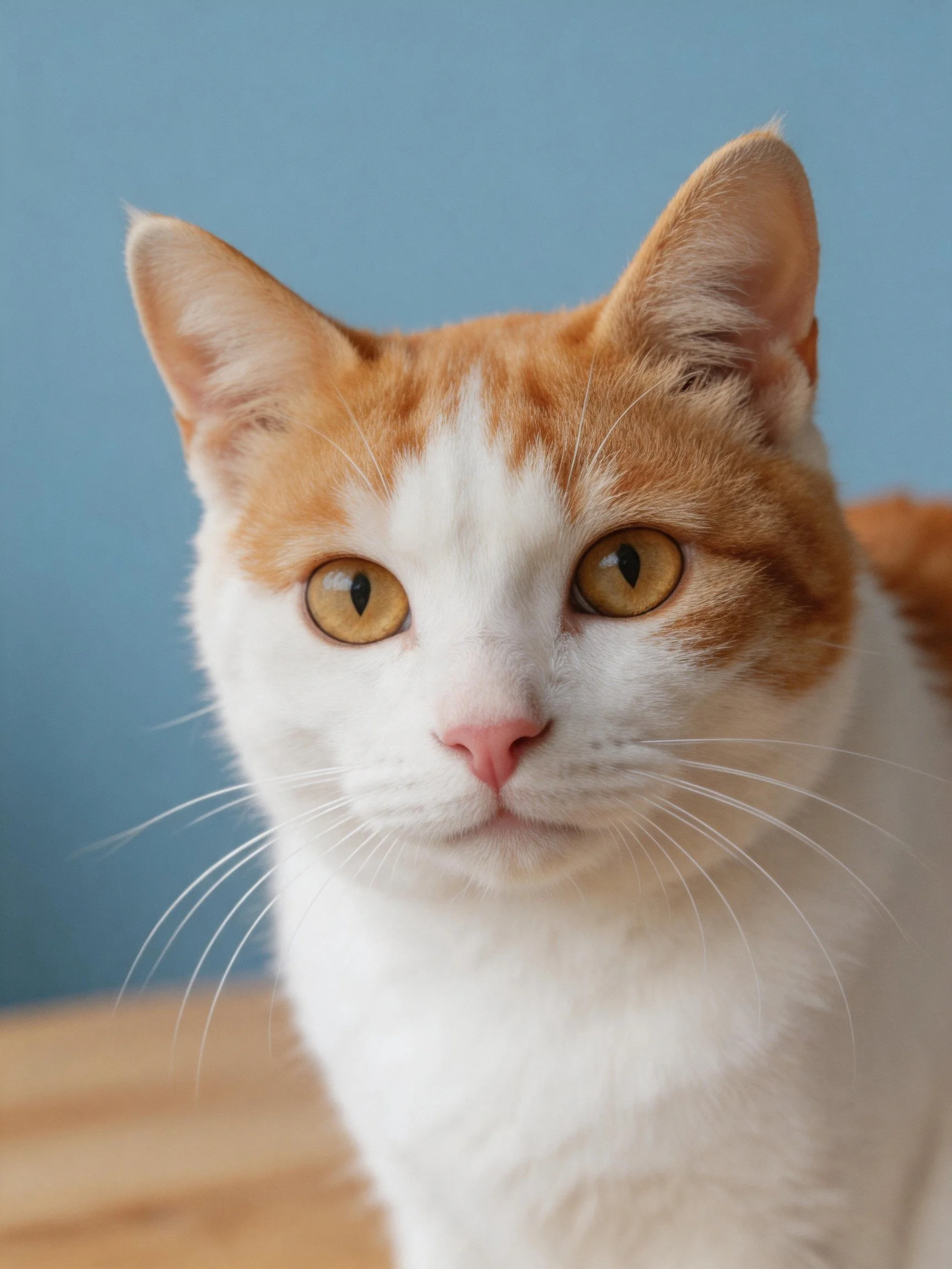 A white and orange cat with golden eyes against a blue wall