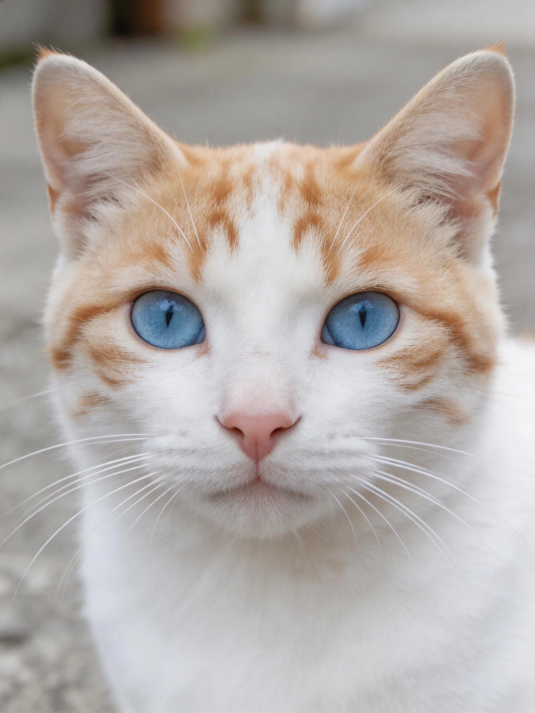 A white and orange cat looks directly at the viewer with vivid blue eyes.