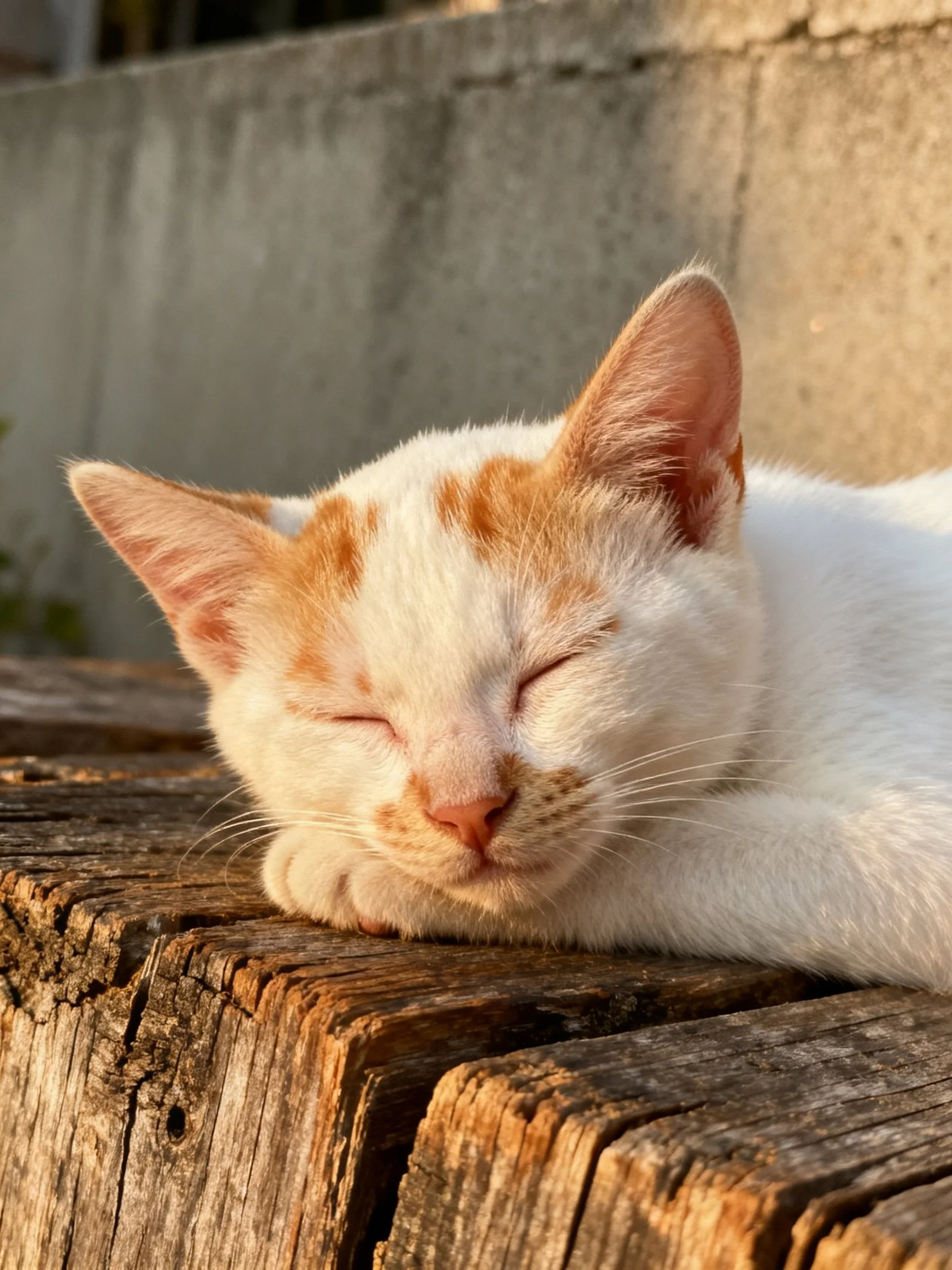 A white and orange kitten napping on weathered wooden planks