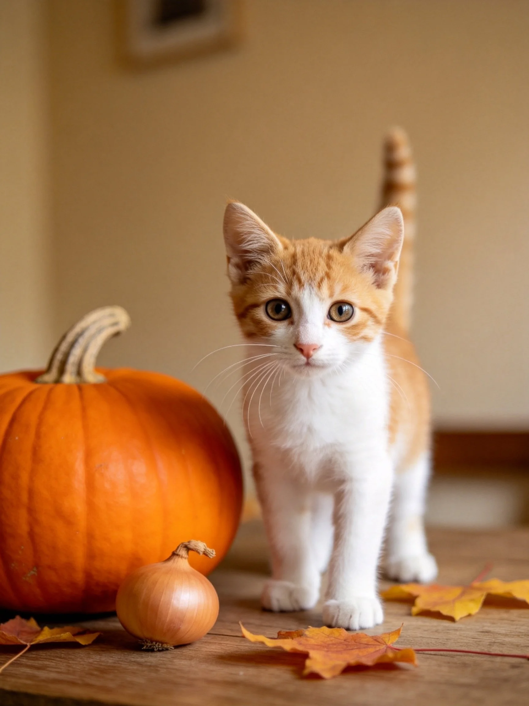 A white and orange kitten stands near an orange pumpkin, brown onion, and autumn leaves indoors.