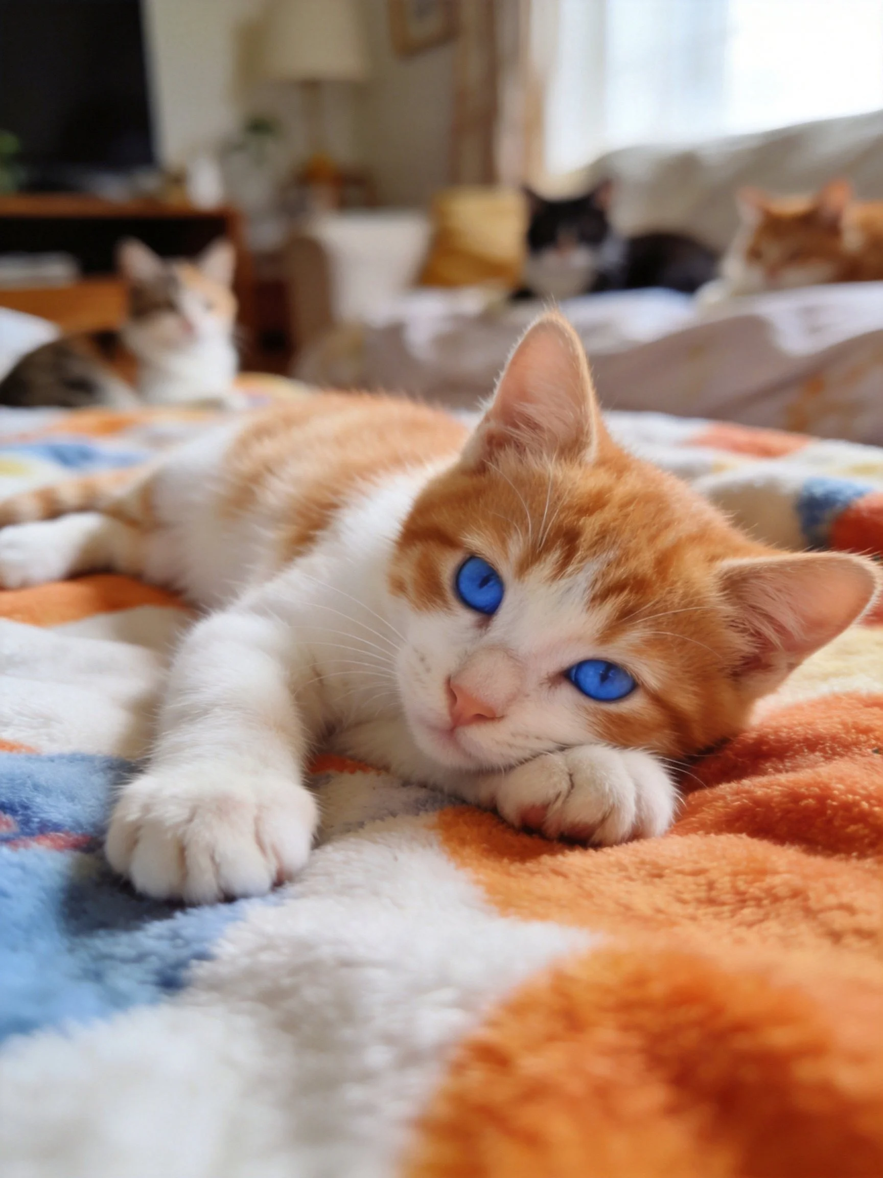 A white and orange kitten with blue eyes relaxes on a blanket near other cats.