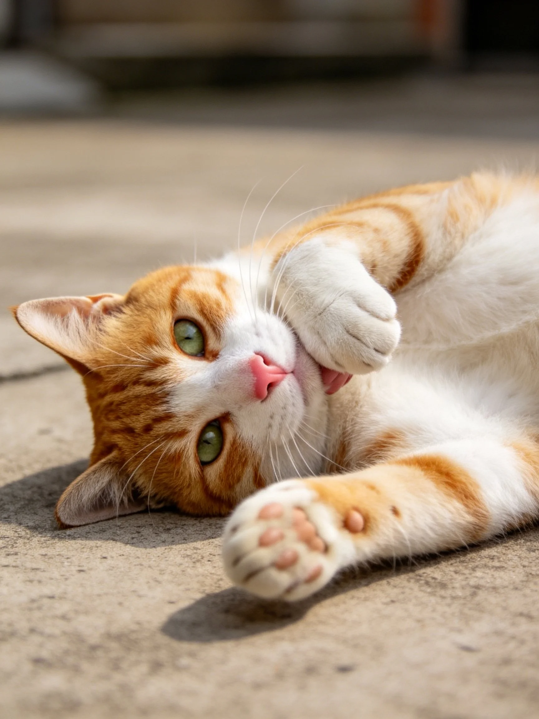A white and orange tabby cat lounging on a smooth concrete surface