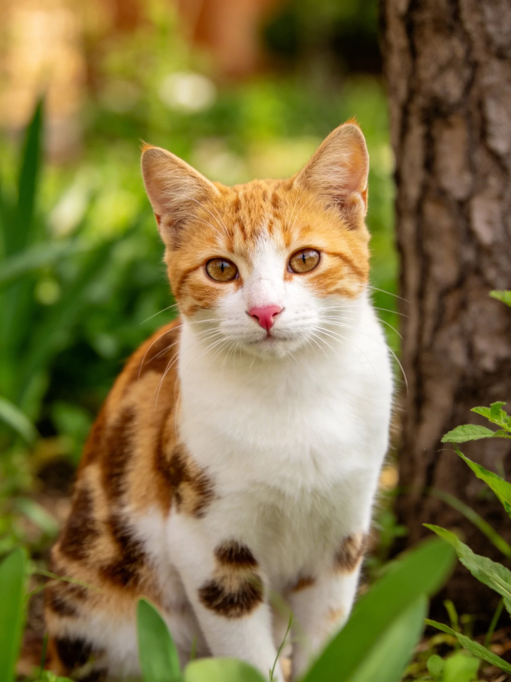A white and orange tabby cat sits near a tree in green surroundings