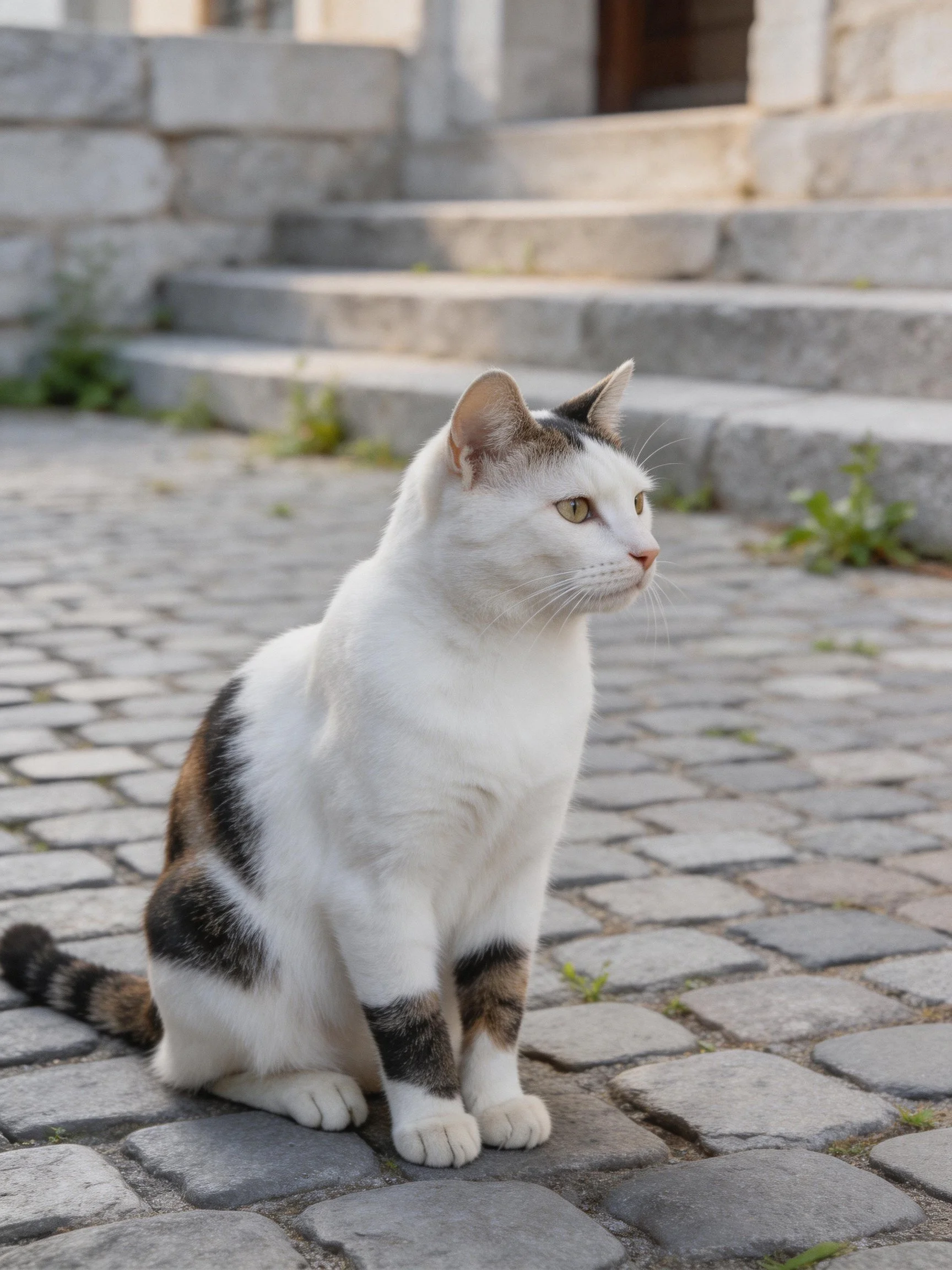 A white and tabby calico cat sits calmly on cobblestone pavement beside stone steps.