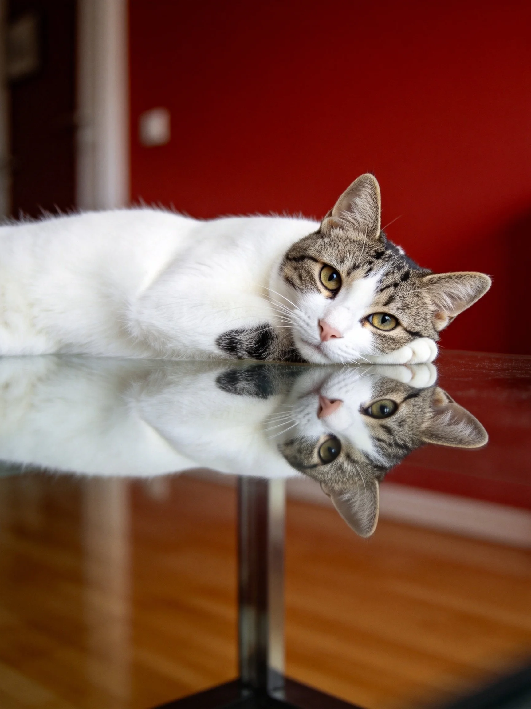 A white and tabby cat rests on a reflective glass table against a red wall