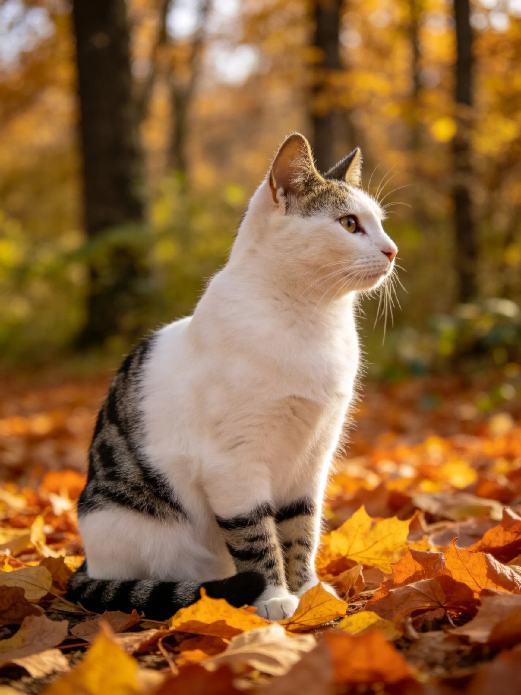 A white and tabby cat sits among autumn leaves in a sunlit forest.