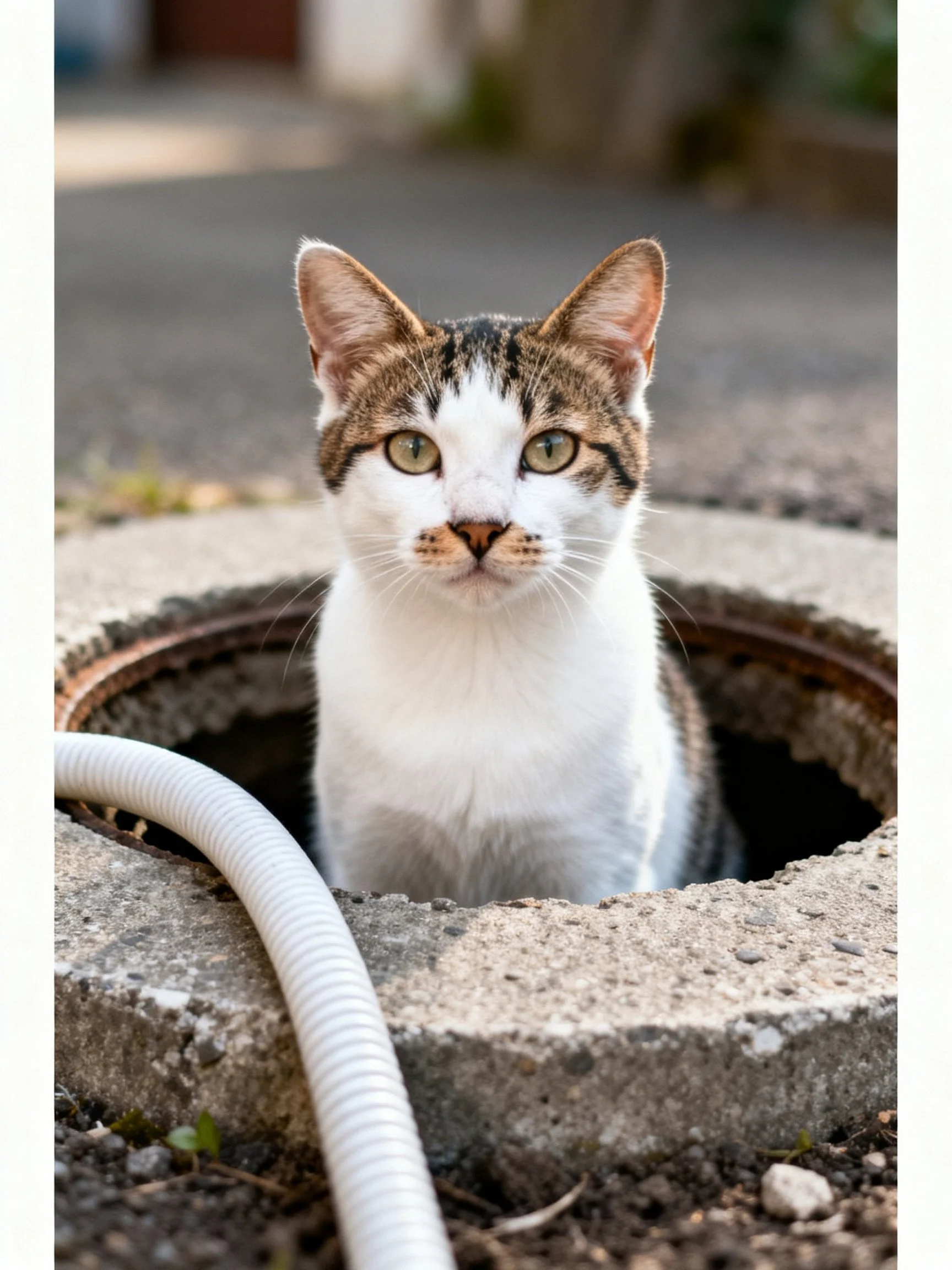 A white and tabby cat sits in a weathered concrete opening