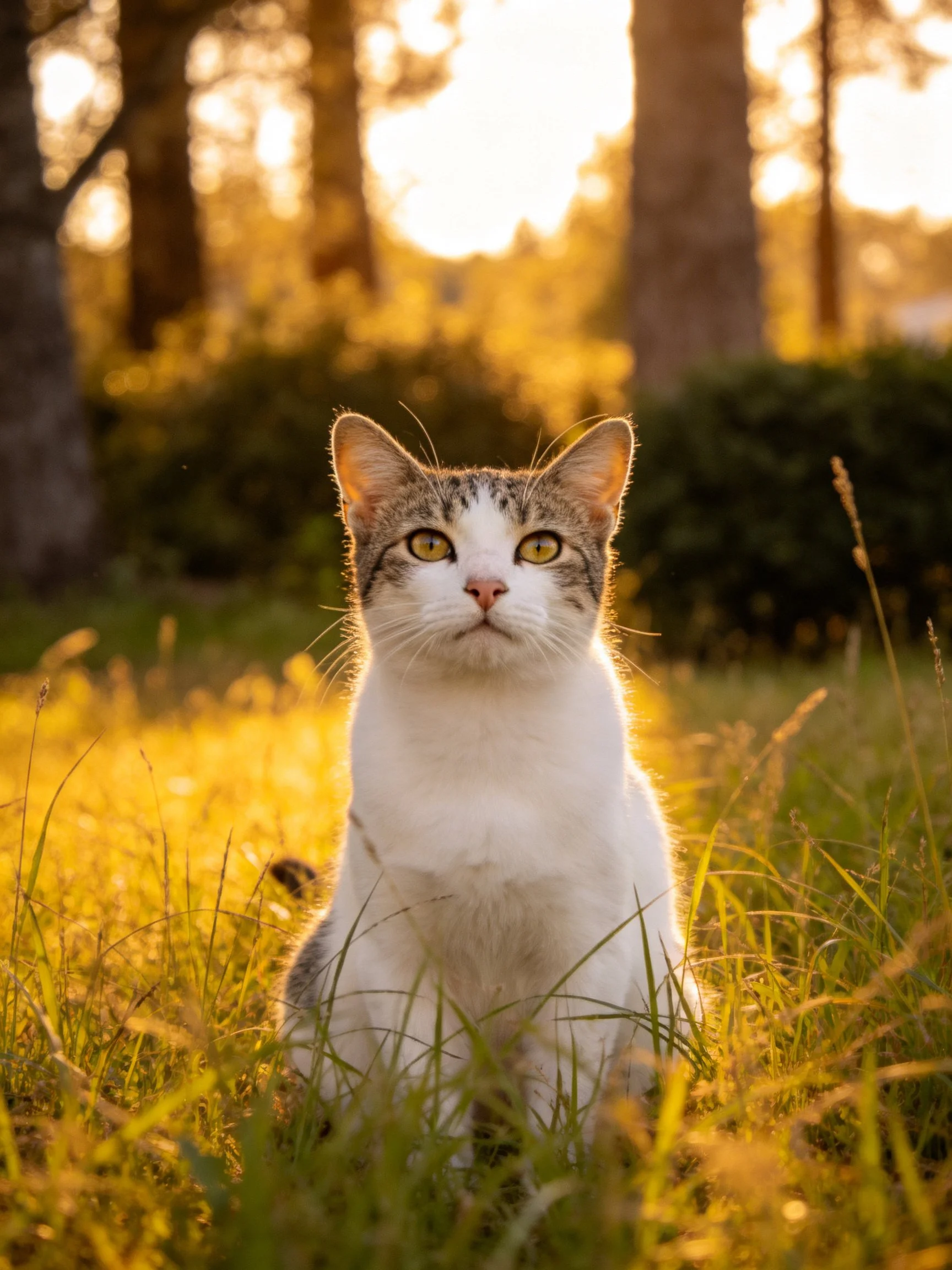 A white and tabby cat sits peacefully in sunlit grass near tall trees.